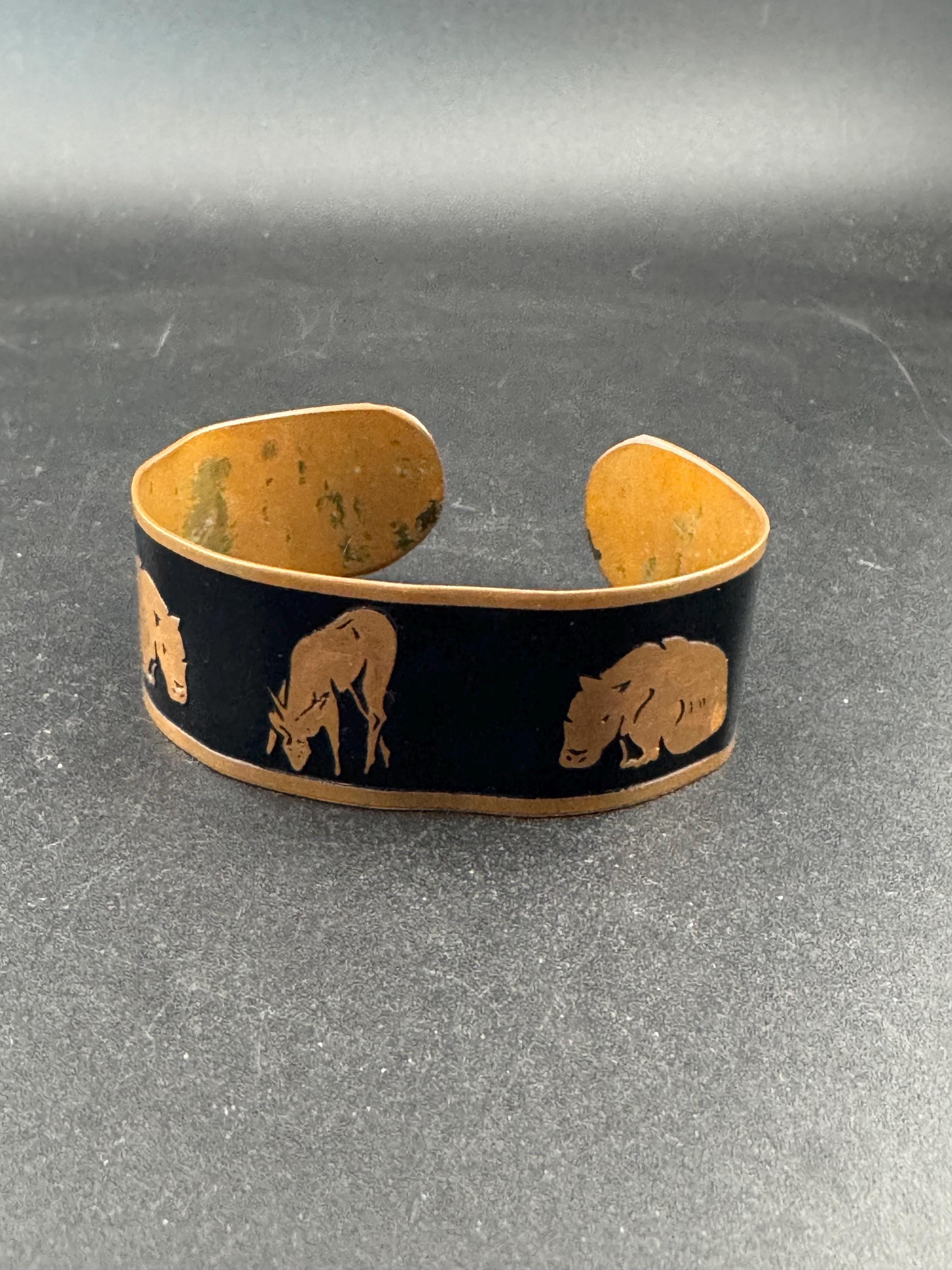 Vintage safari wildlife black enamel copper wide open cuff bangle bracelet, elephants leopard gazelle