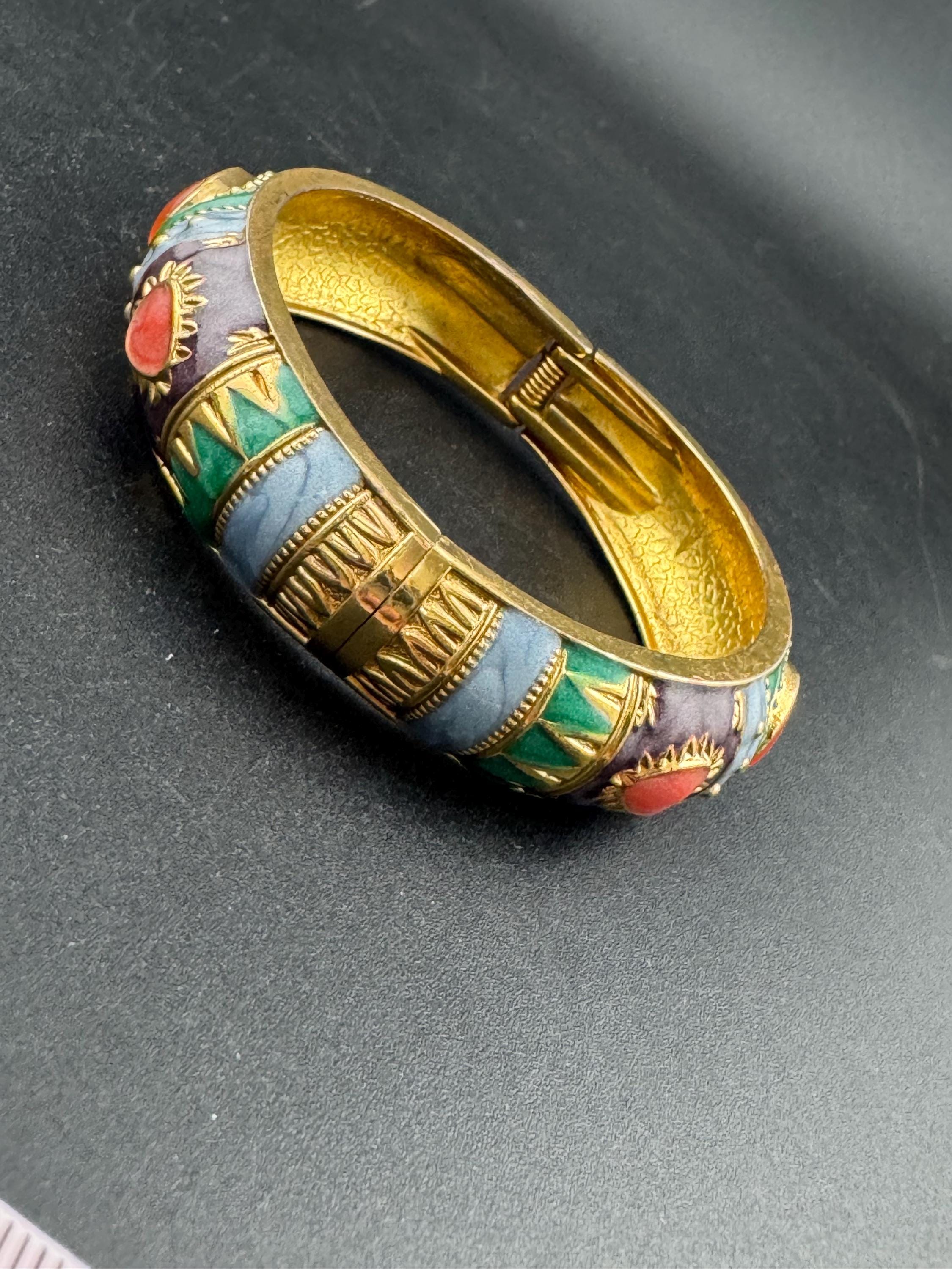Retro Green blue purple enamel gold tone curved clamper bangle cuff bracelet with orange cabochons