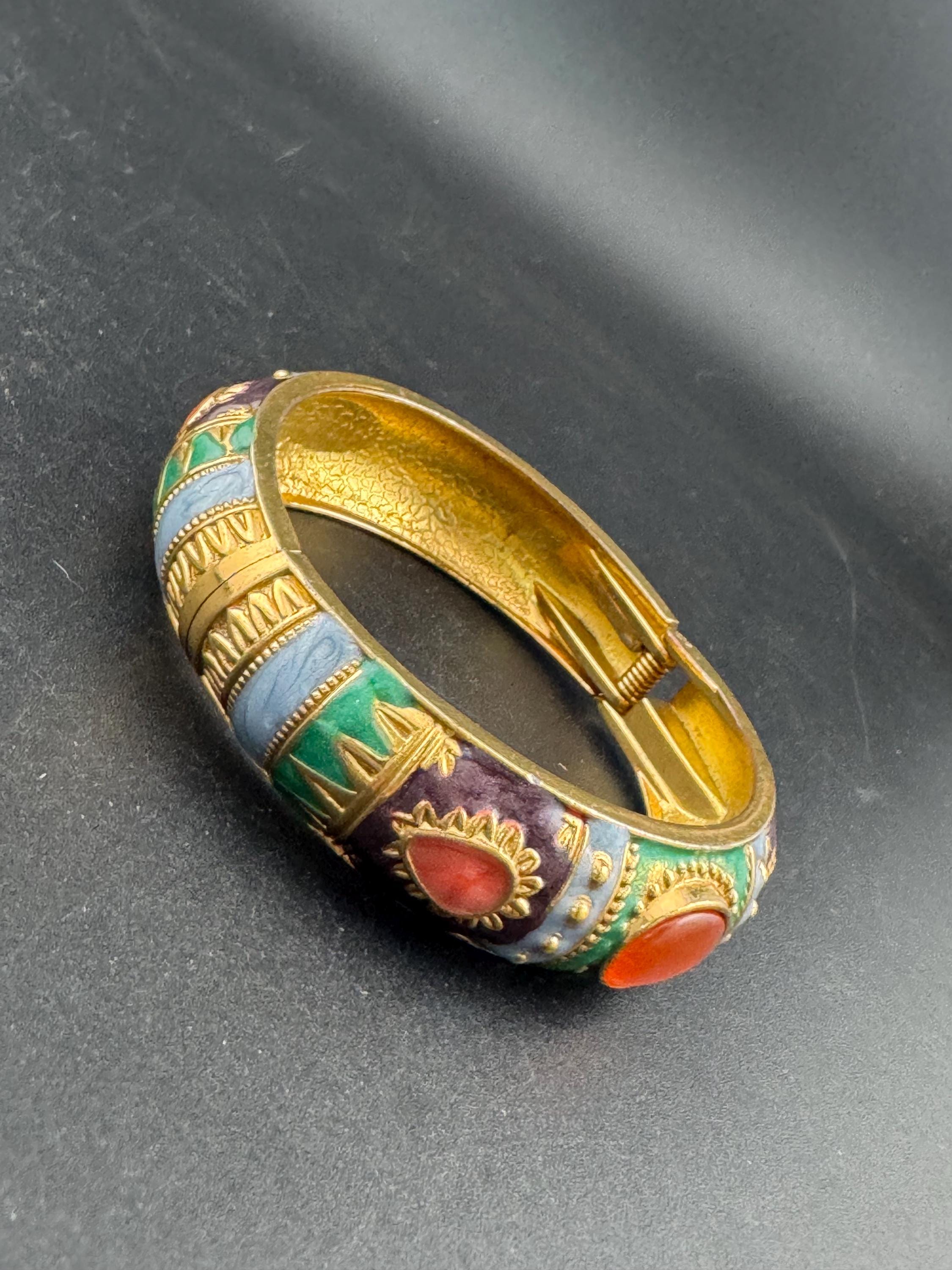 Retro Green blue purple enamel gold tone curved clamper bangle cuff bracelet with orange cabochons