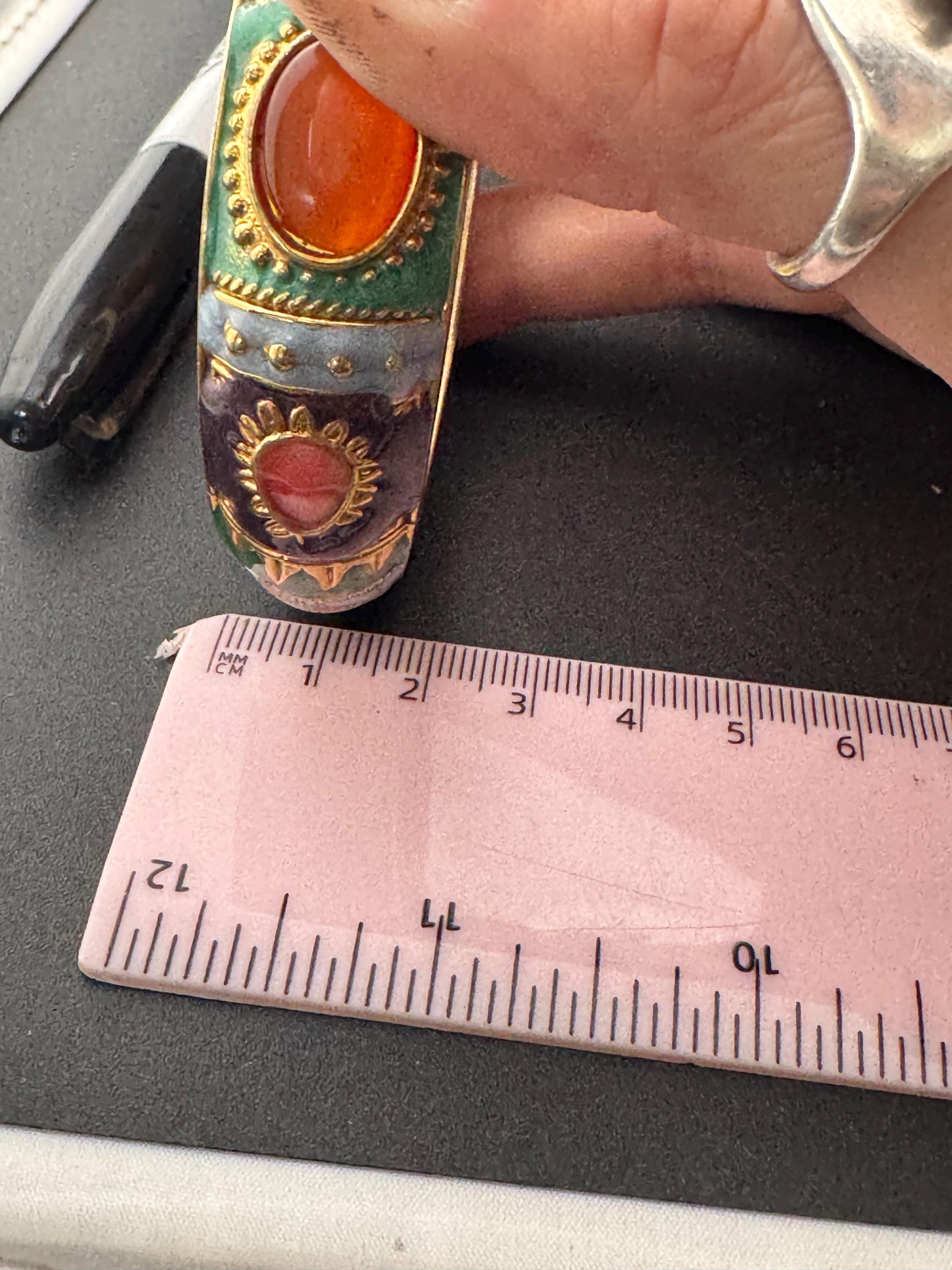 Retro Green blue purple enamel gold tone curved clamper bangle cuff bracelet with orange cabochons