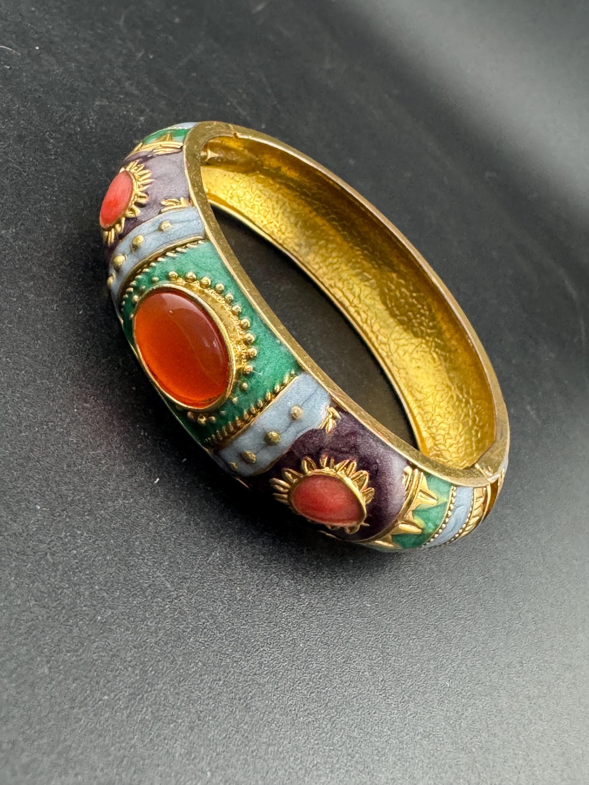 Retro Green blue purple enamel gold tone curved clamper bangle cuff bracelet with orange cabochons