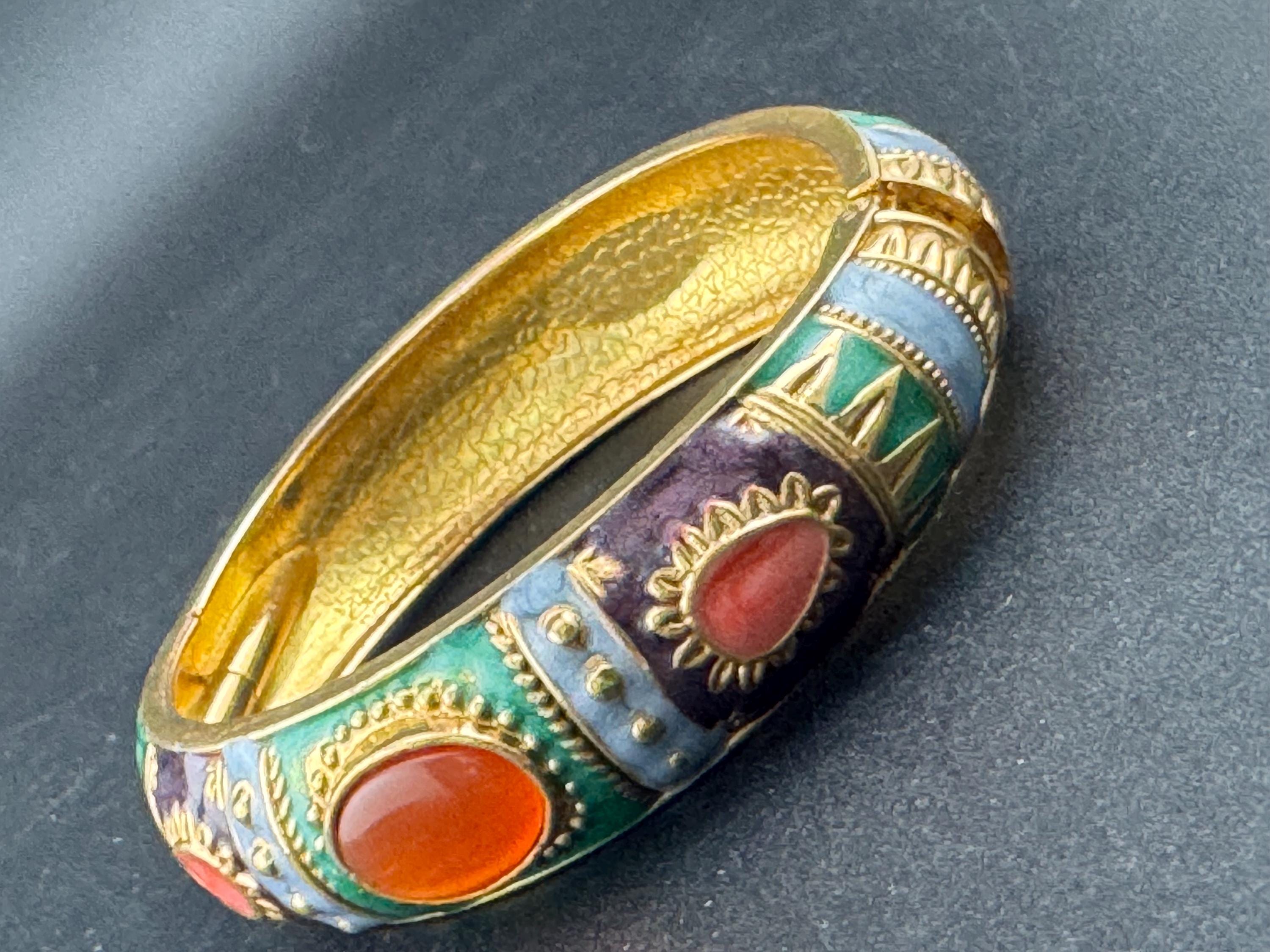 Retro Green blue purple enamel gold tone curved clamper bangle cuff bracelet with orange cabochons