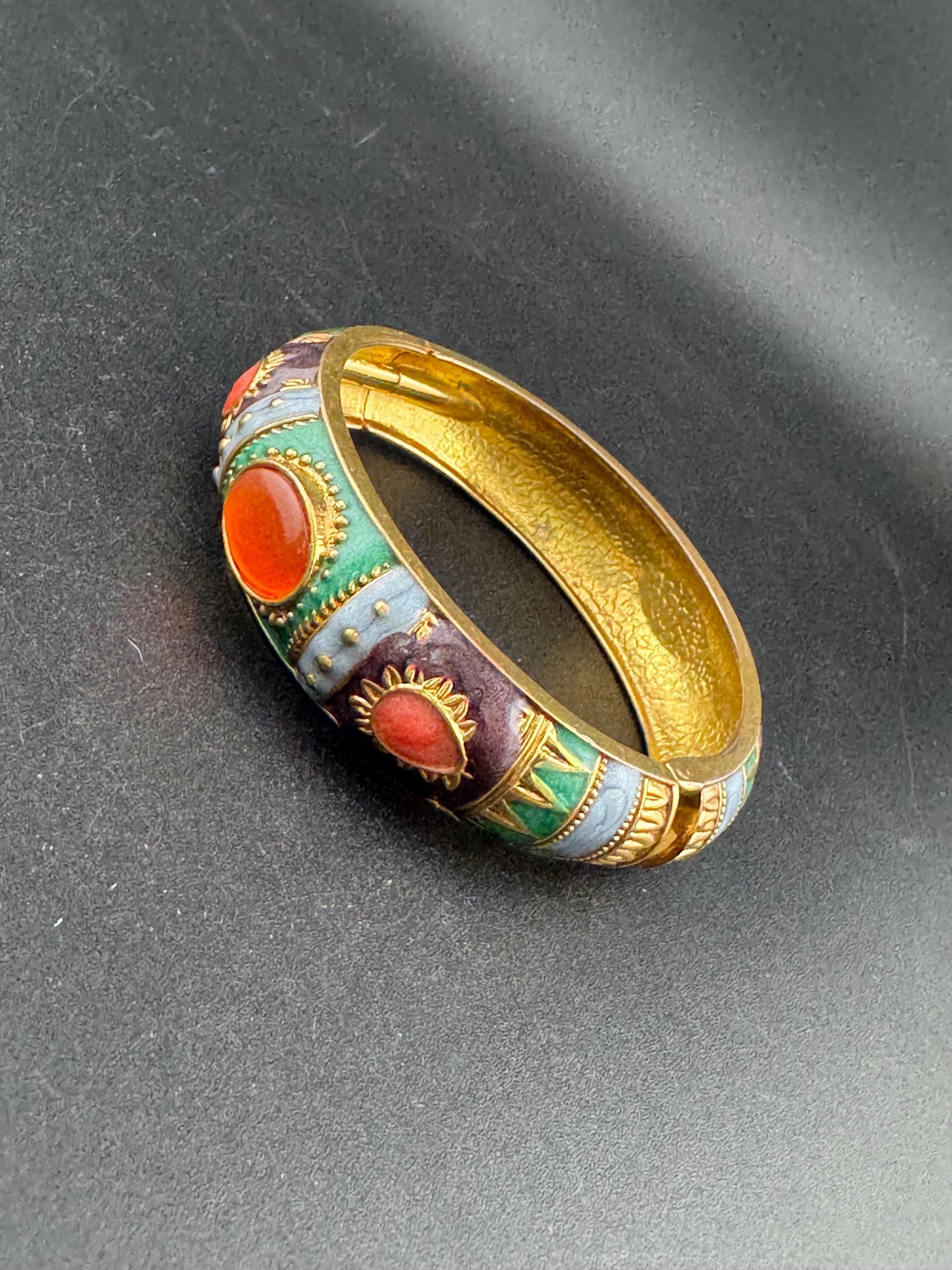 Retro Green blue purple enamel gold tone curved clamper bangle cuff bracelet with orange cabochons