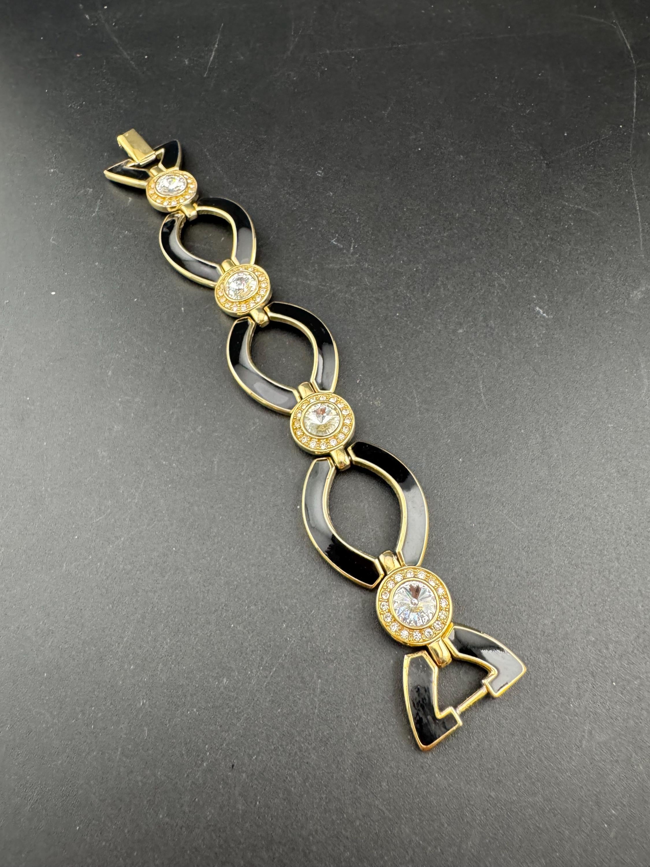 Signed BG Berghorf Goodman Wide black enamel and clear rivoli diamanté panel link bangle