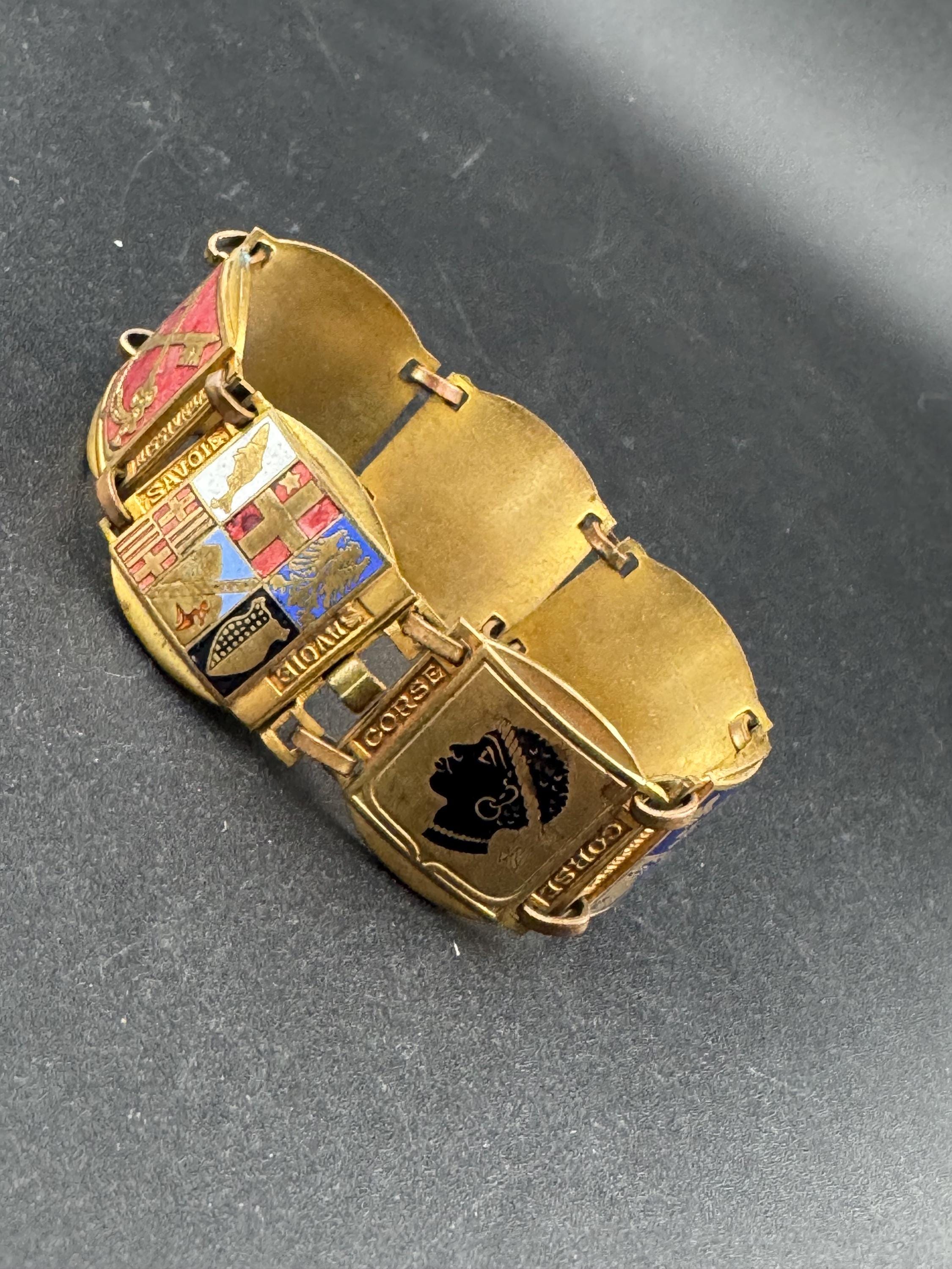 French Vintage Brass Panel Bracelet: Provence Souvenir, Red Blue Green Enamel