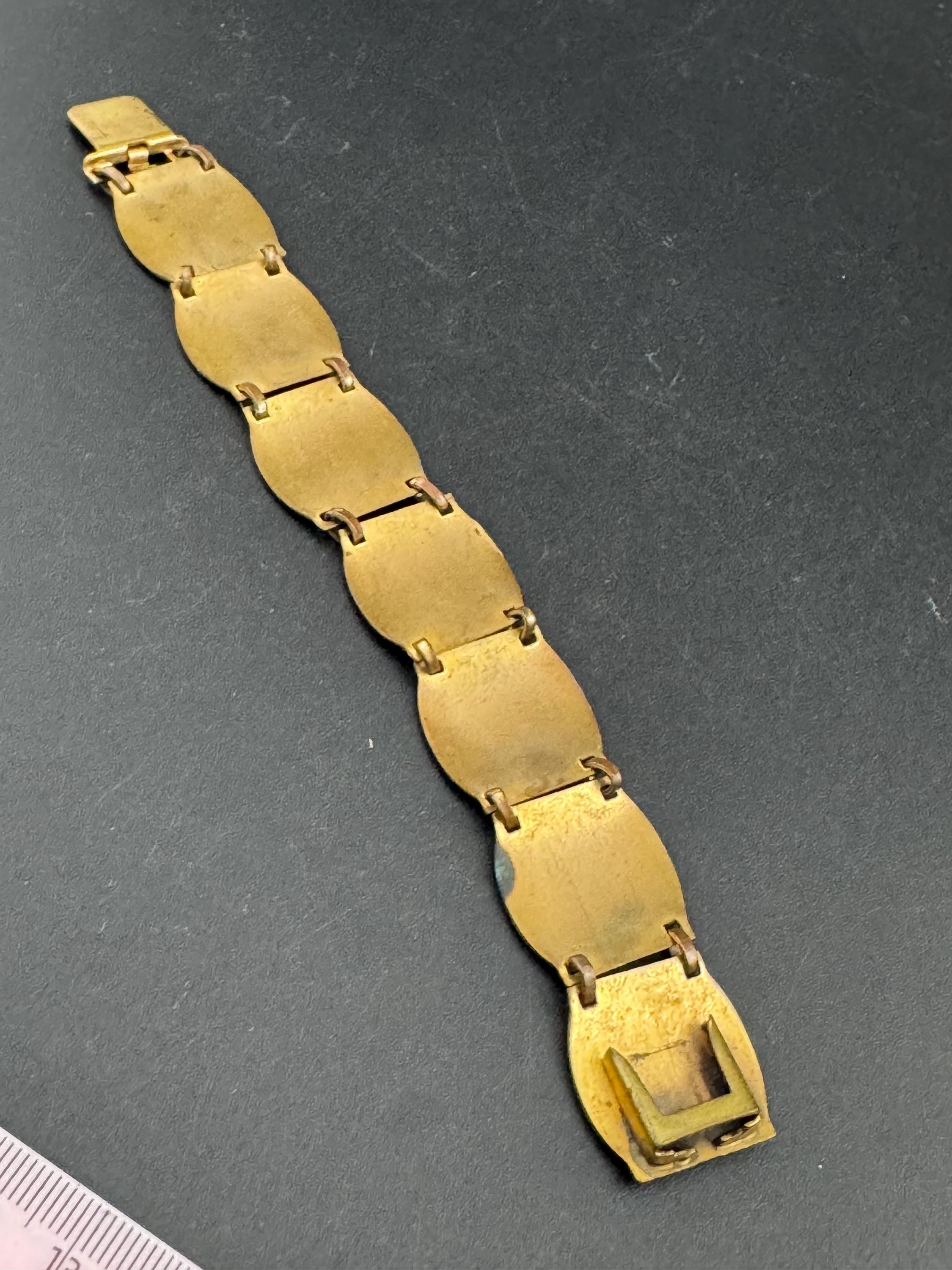 French Vintage Brass Panel Bracelet: Provence Souvenir, Red Blue Green Enamel