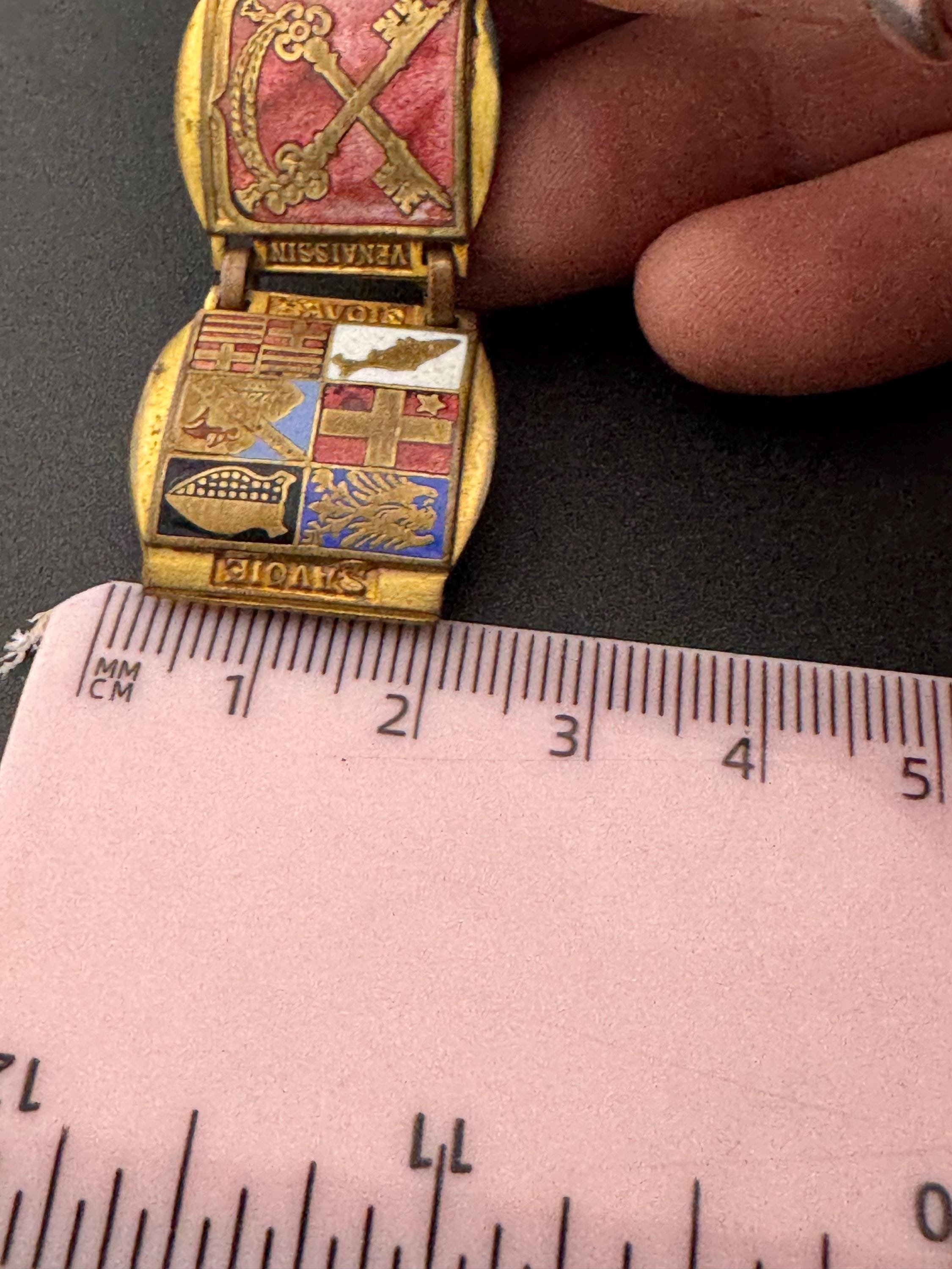 French Vintage Brass Panel Bracelet: Provence Souvenir, Red Blue Green Enamel