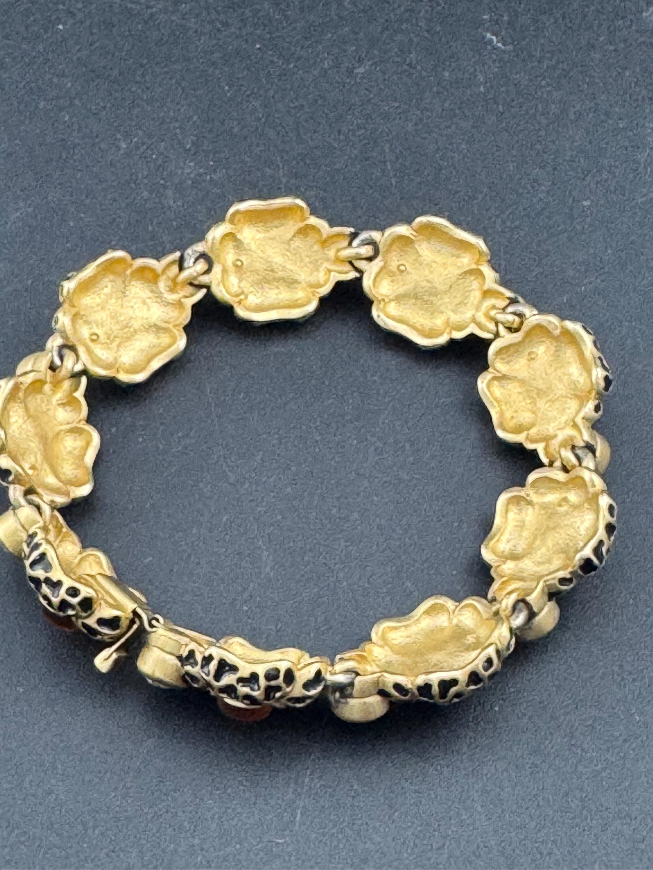 Retro Leopard Print Enamel Bracelet: Diamanté & Orange Cabochons