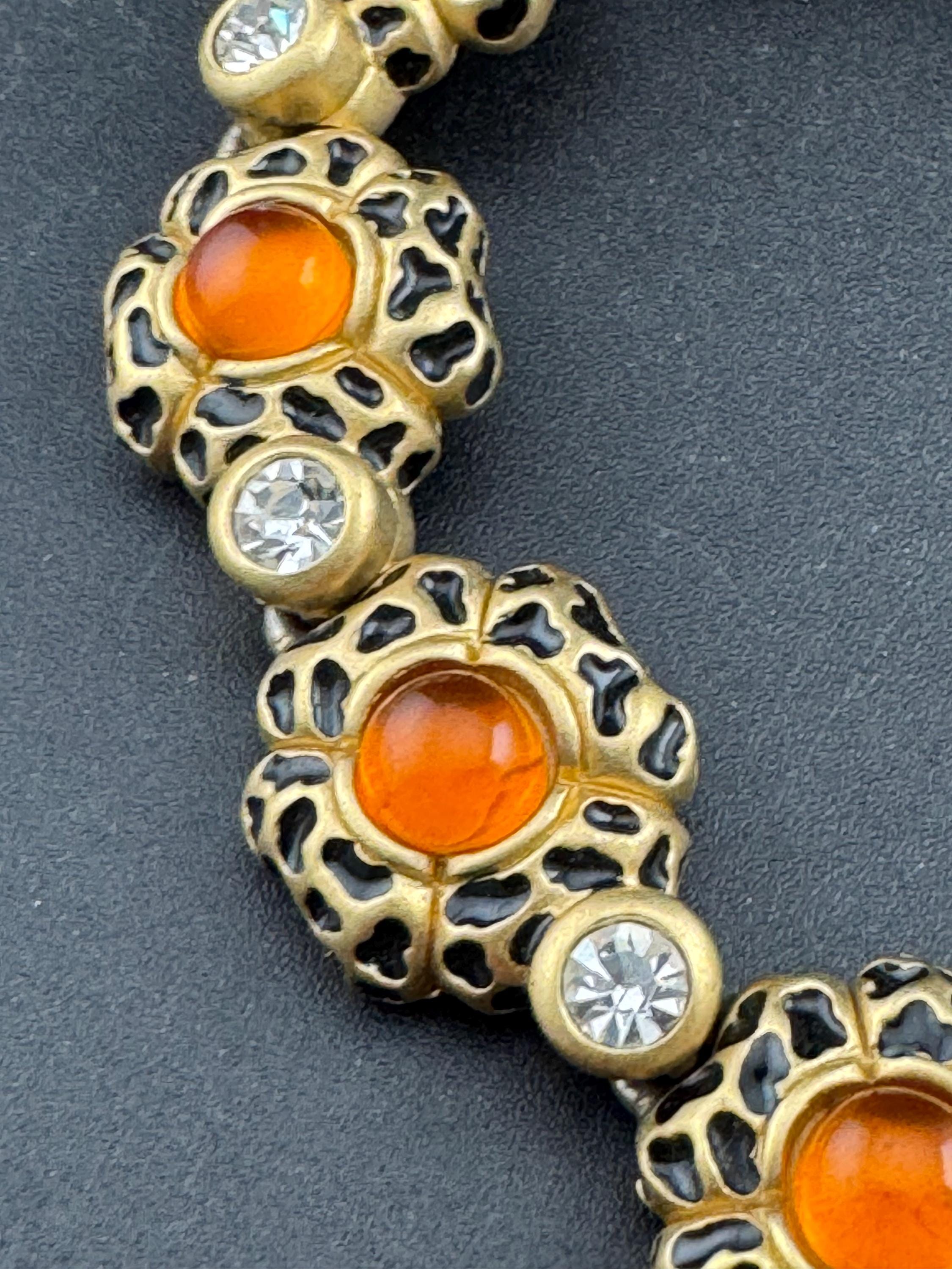Retro Leopard Print Enamel Bracelet: Diamanté & Orange Cabochons