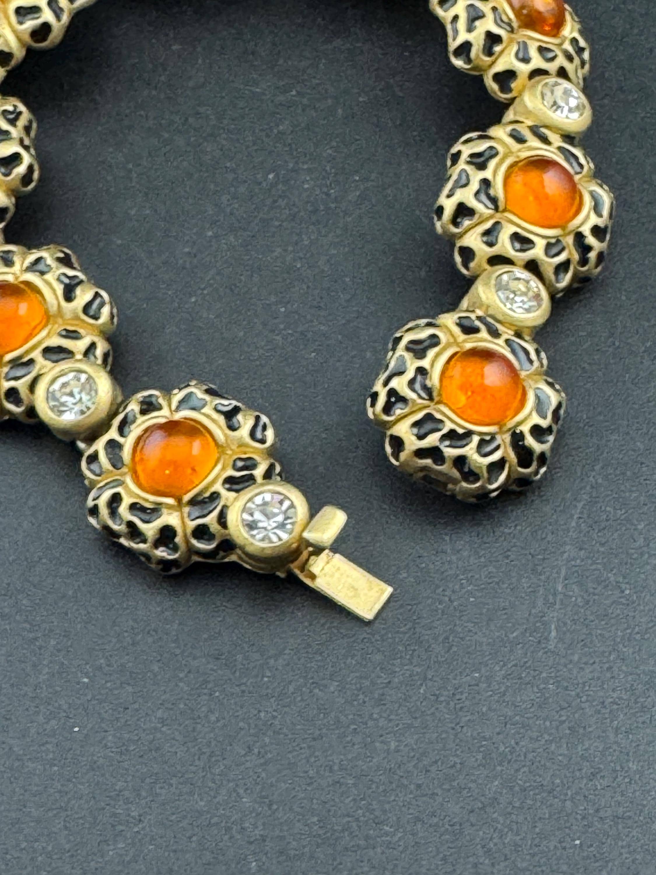 Retro Leopard Print Enamel Bracelet: Diamanté & Orange Cabochons