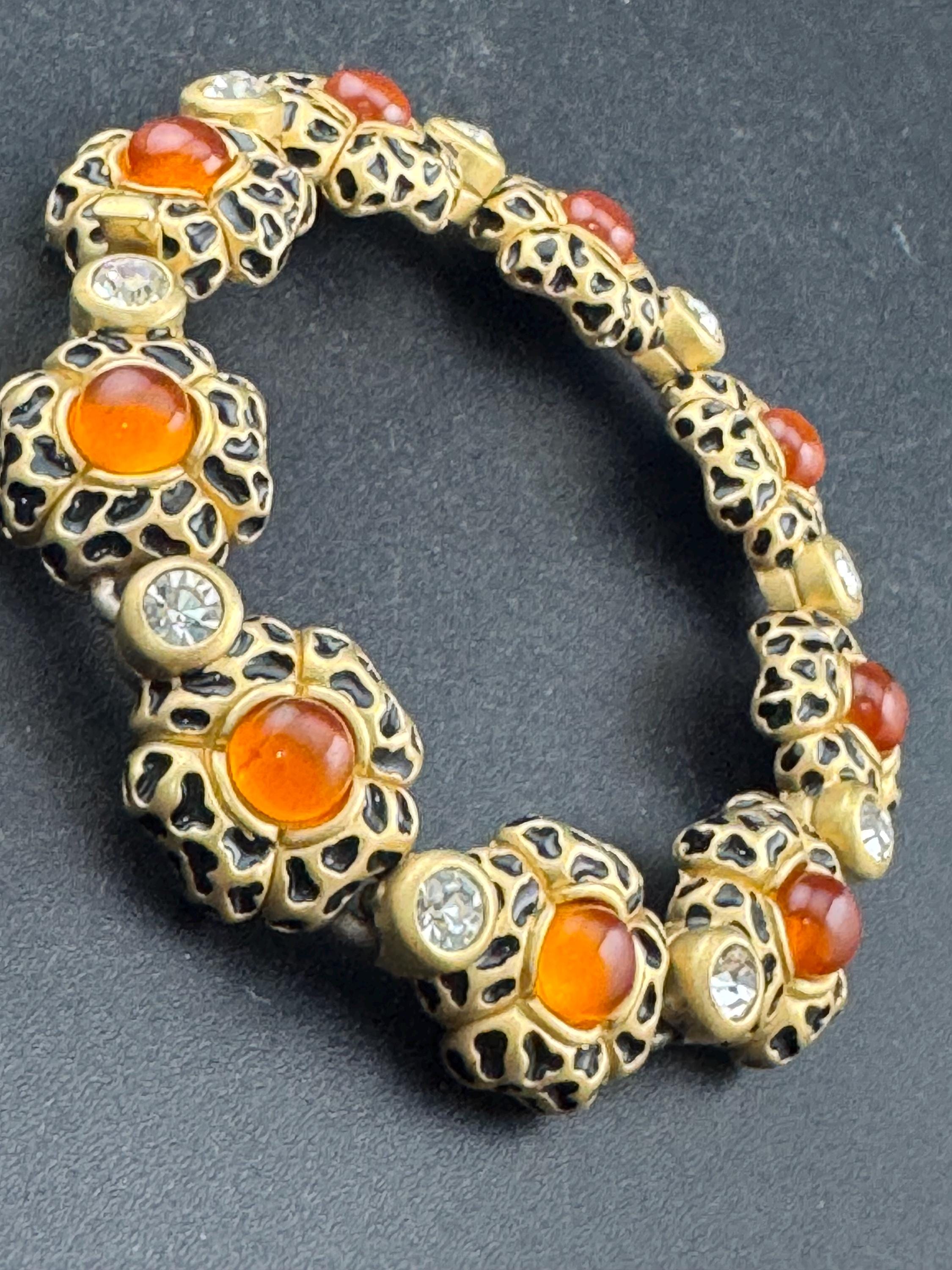 Retro Leopard Print Enamel Bracelet: Diamanté & Orange Cabochons
