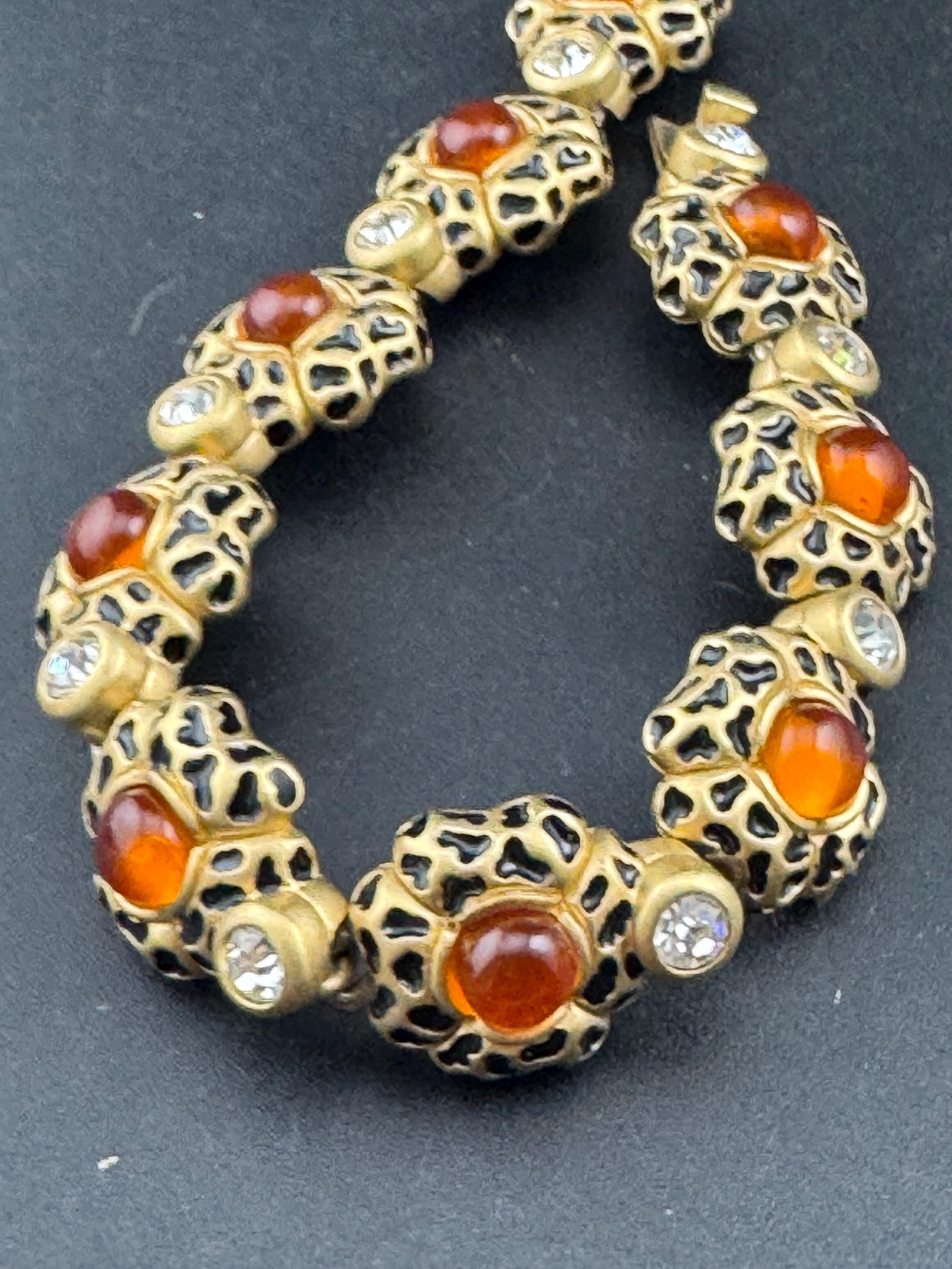 Retro Leopard Print Enamel Bracelet: Diamanté & Orange Cabochons