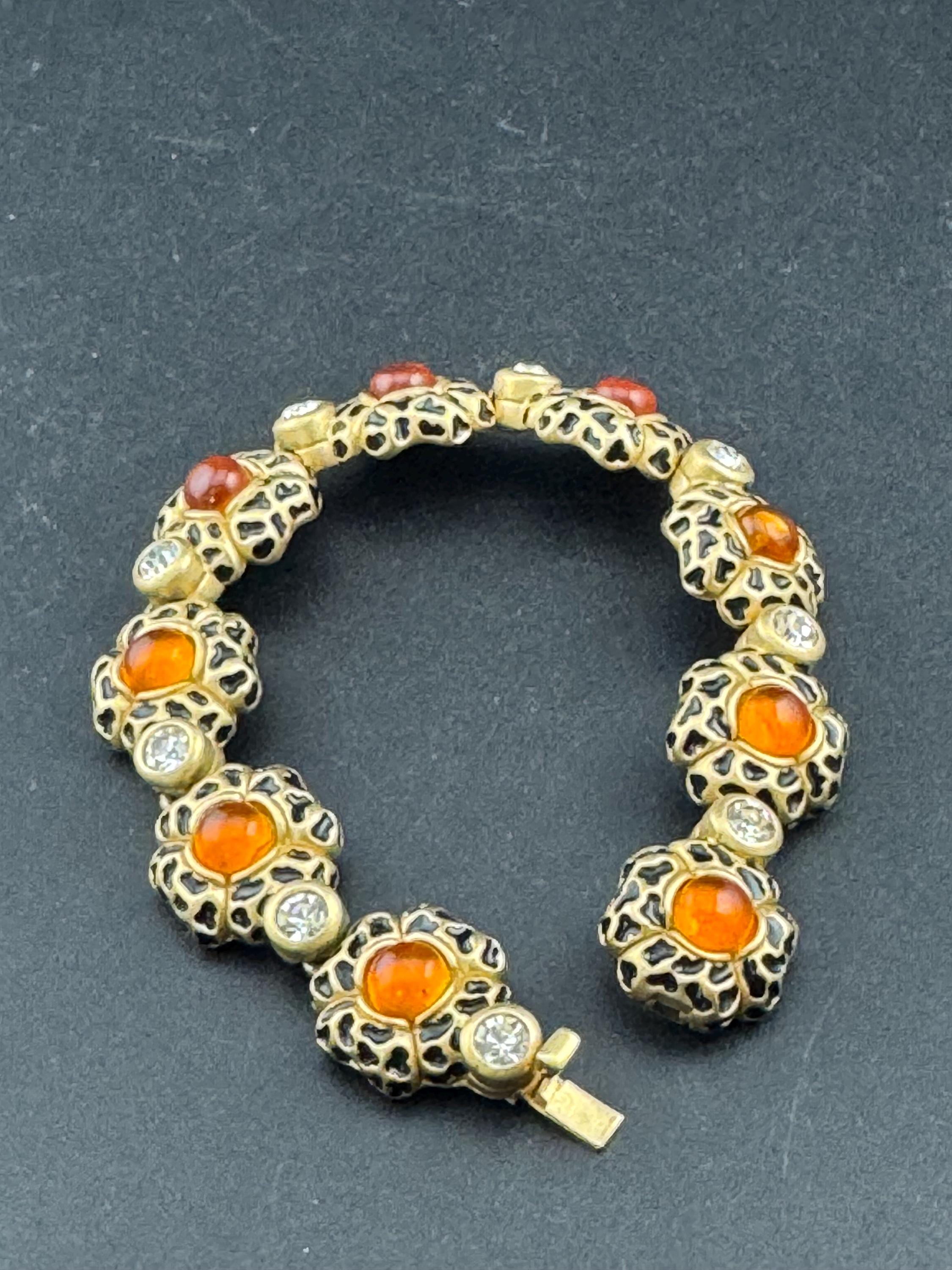 Retro Leopard Print Enamel Bracelet: Diamanté & Orange Cabochons