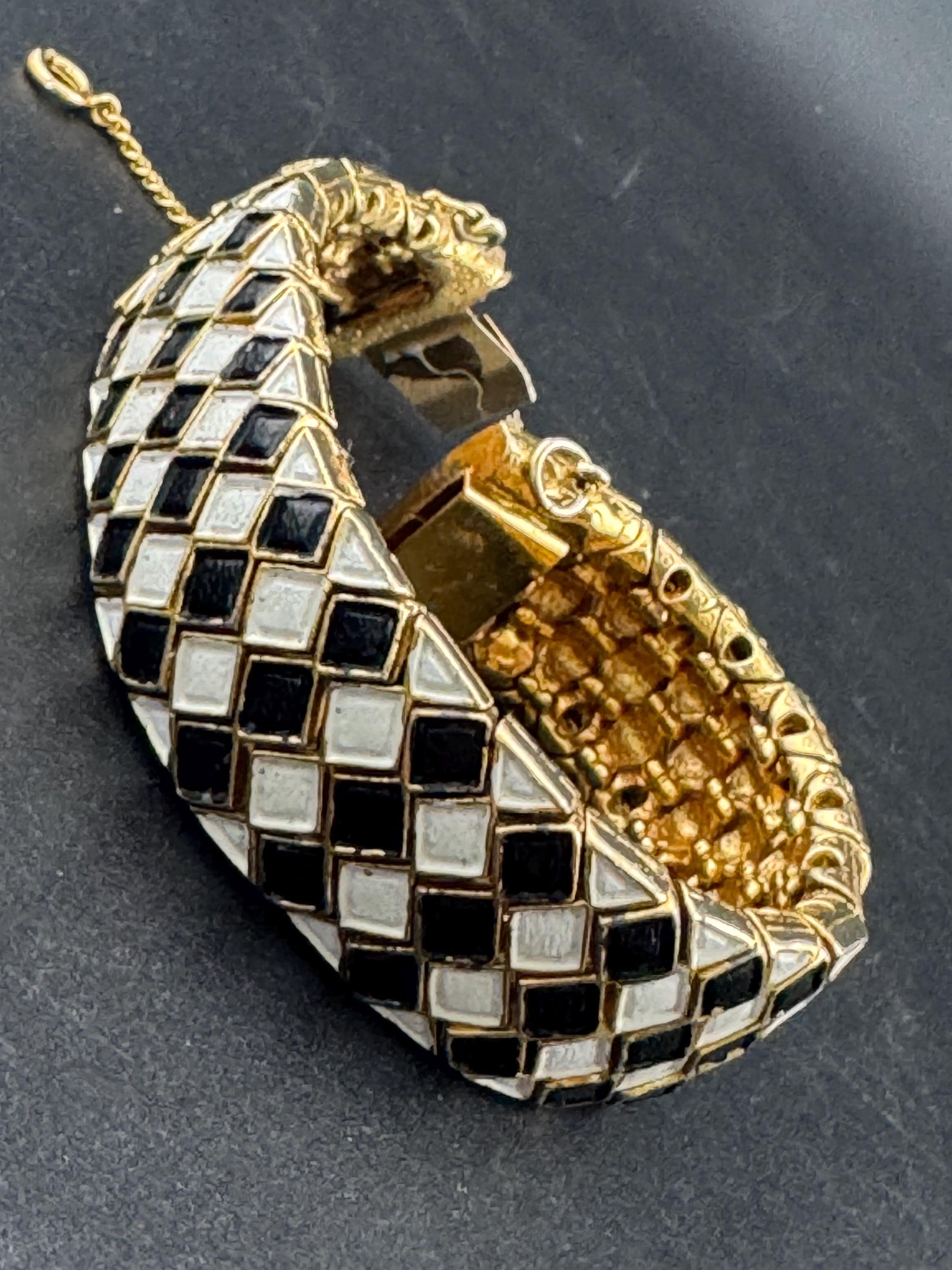 Vintage gold tone monochrome black and white harlequin enamel panel link wide bracelet
