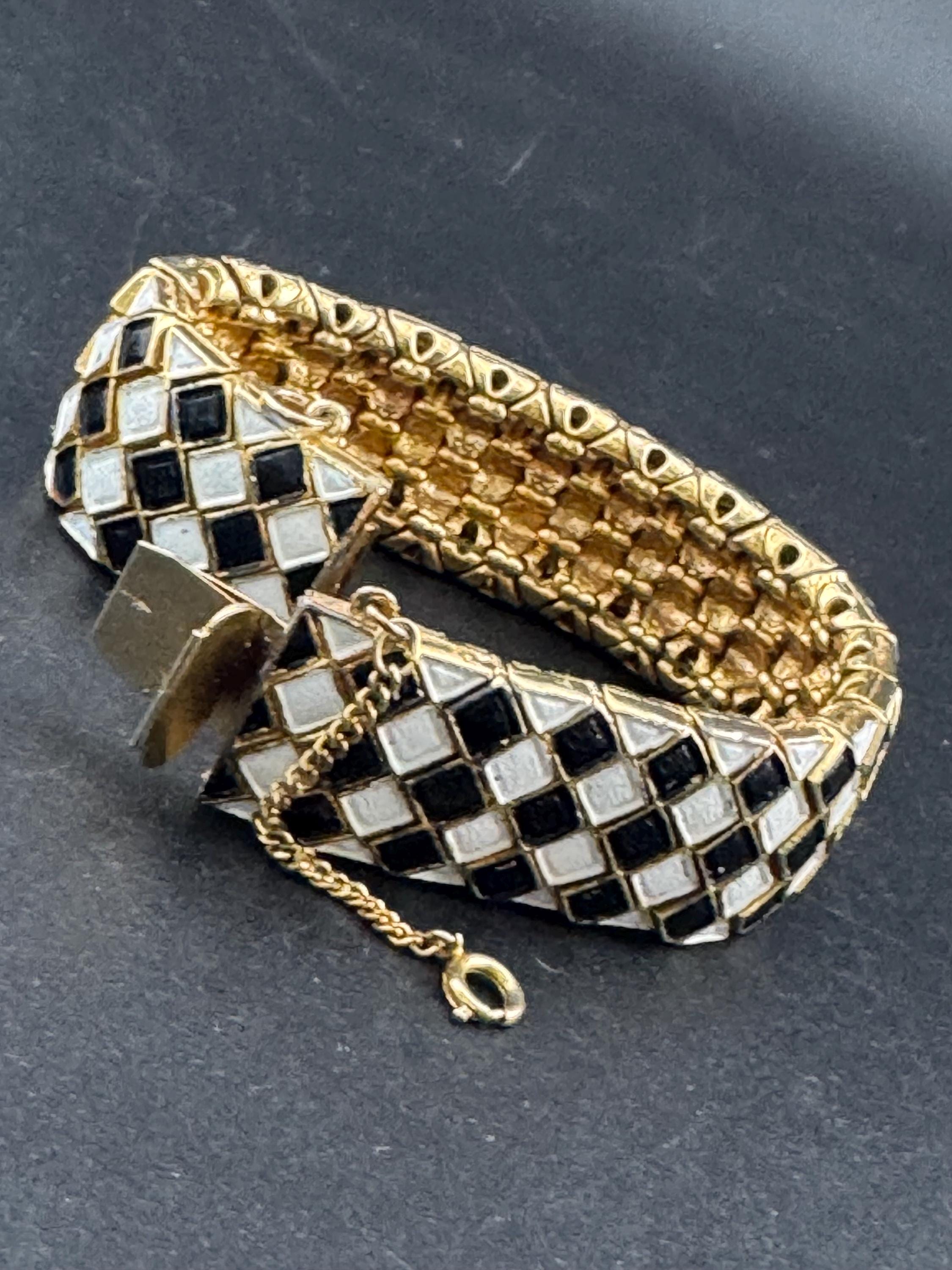 Vintage gold tone monochrome black and white harlequin enamel panel link wide bracelet