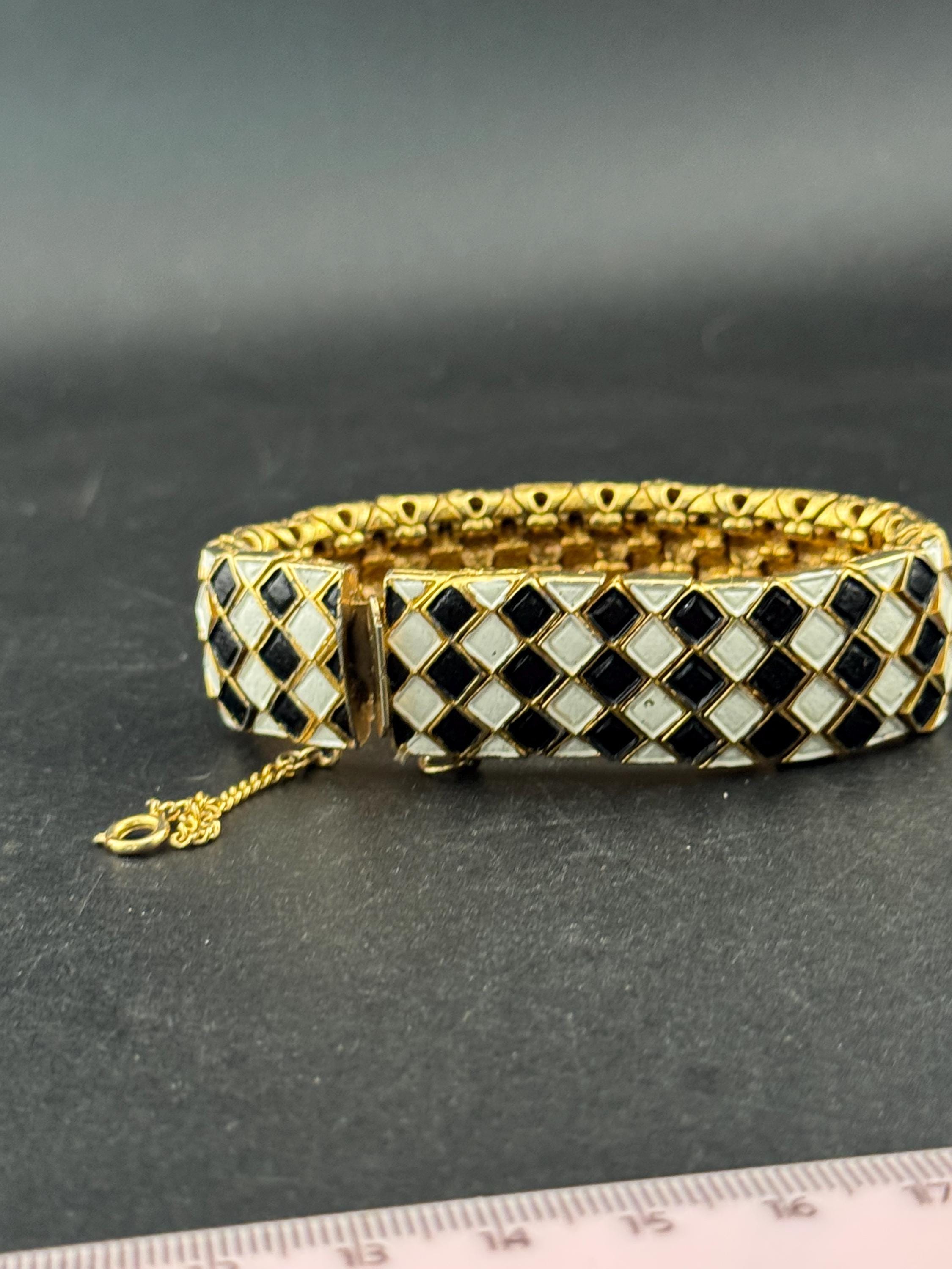 Vintage gold tone monochrome black and white harlequin enamel panel link wide bracelet