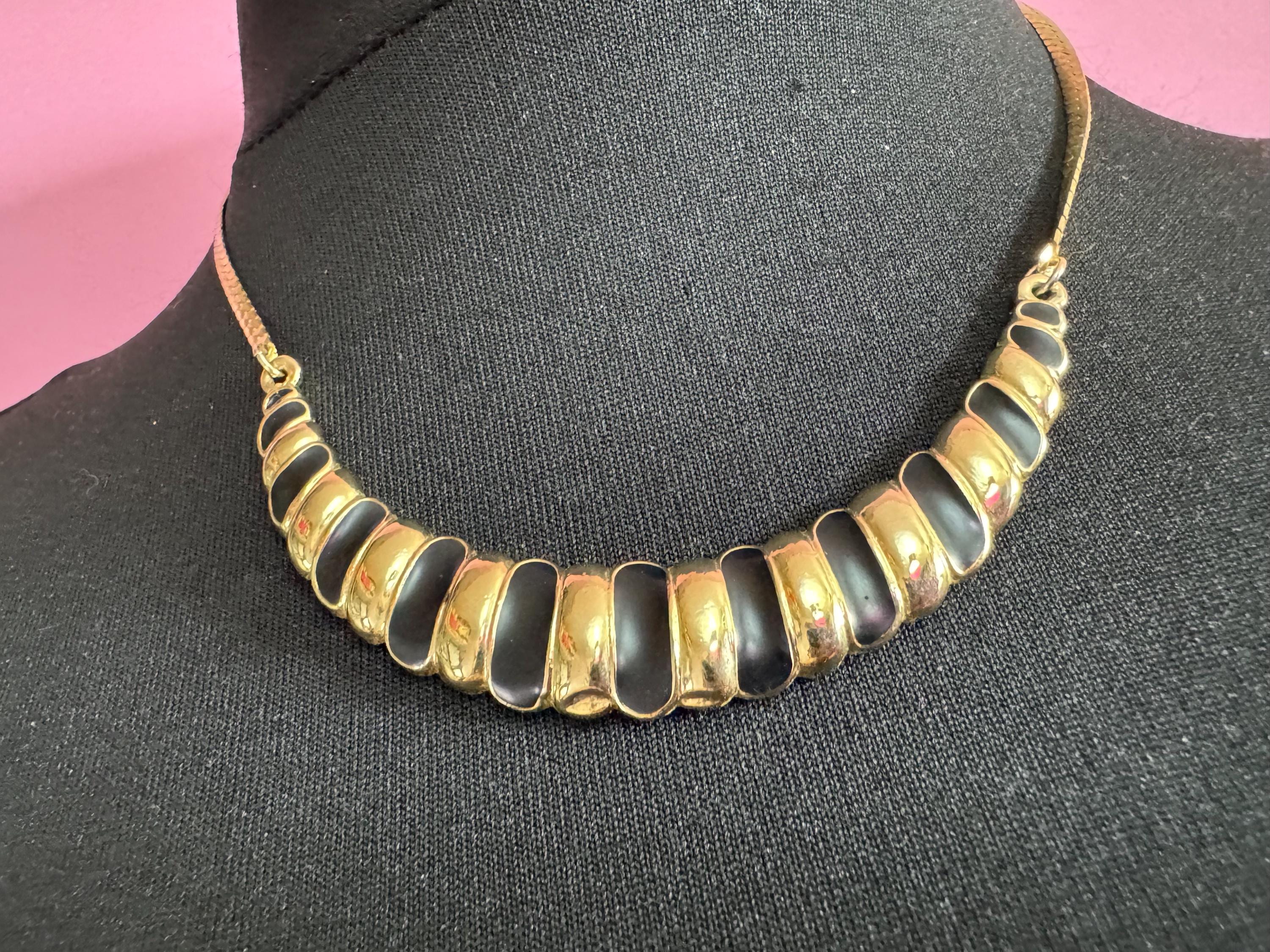 vintage striped gold tone wide black enamel statement flat chain chunky choker necklace