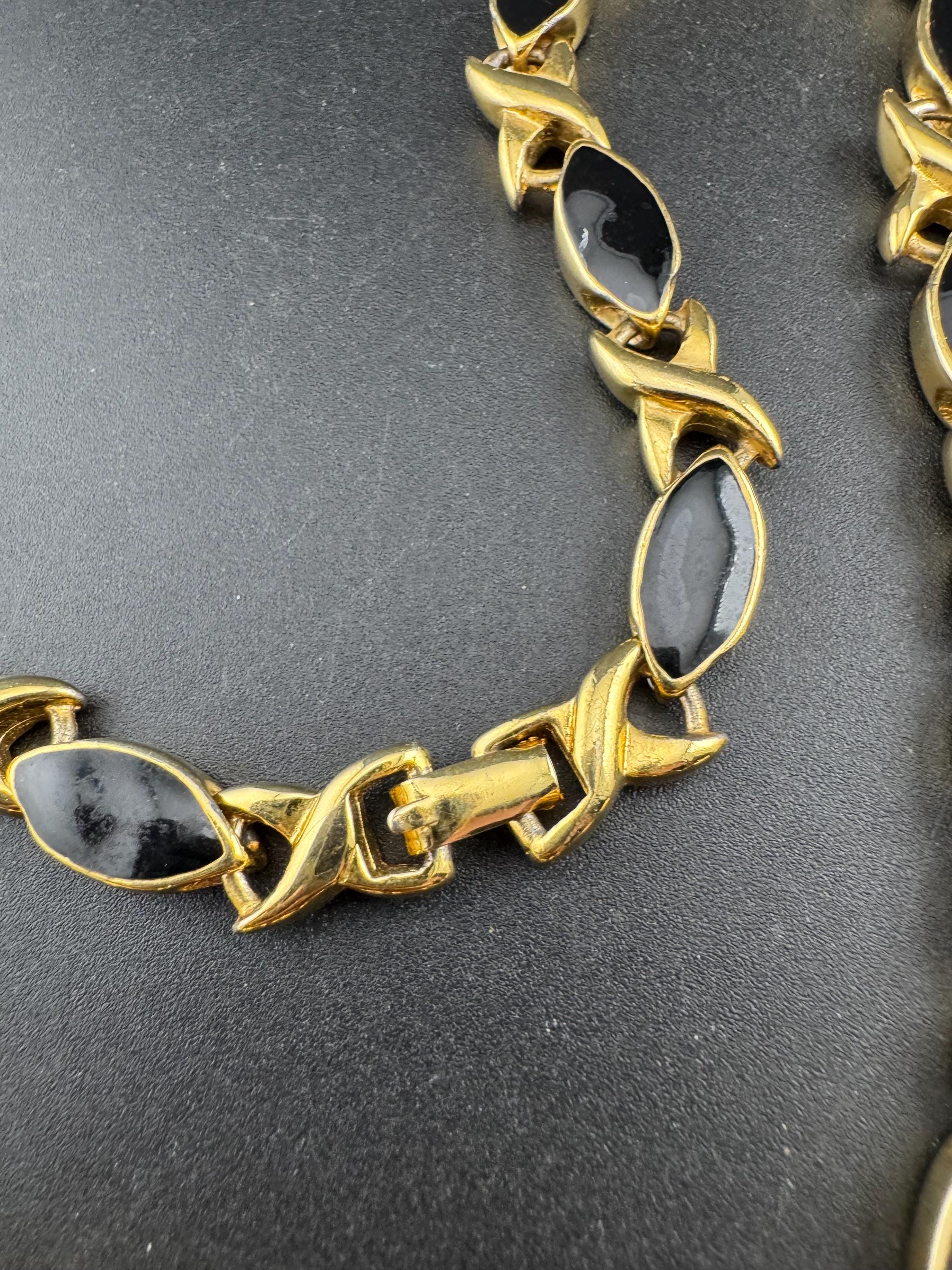 vintage heavy gold plated black enamel statement panel link chunky collar necklace XO