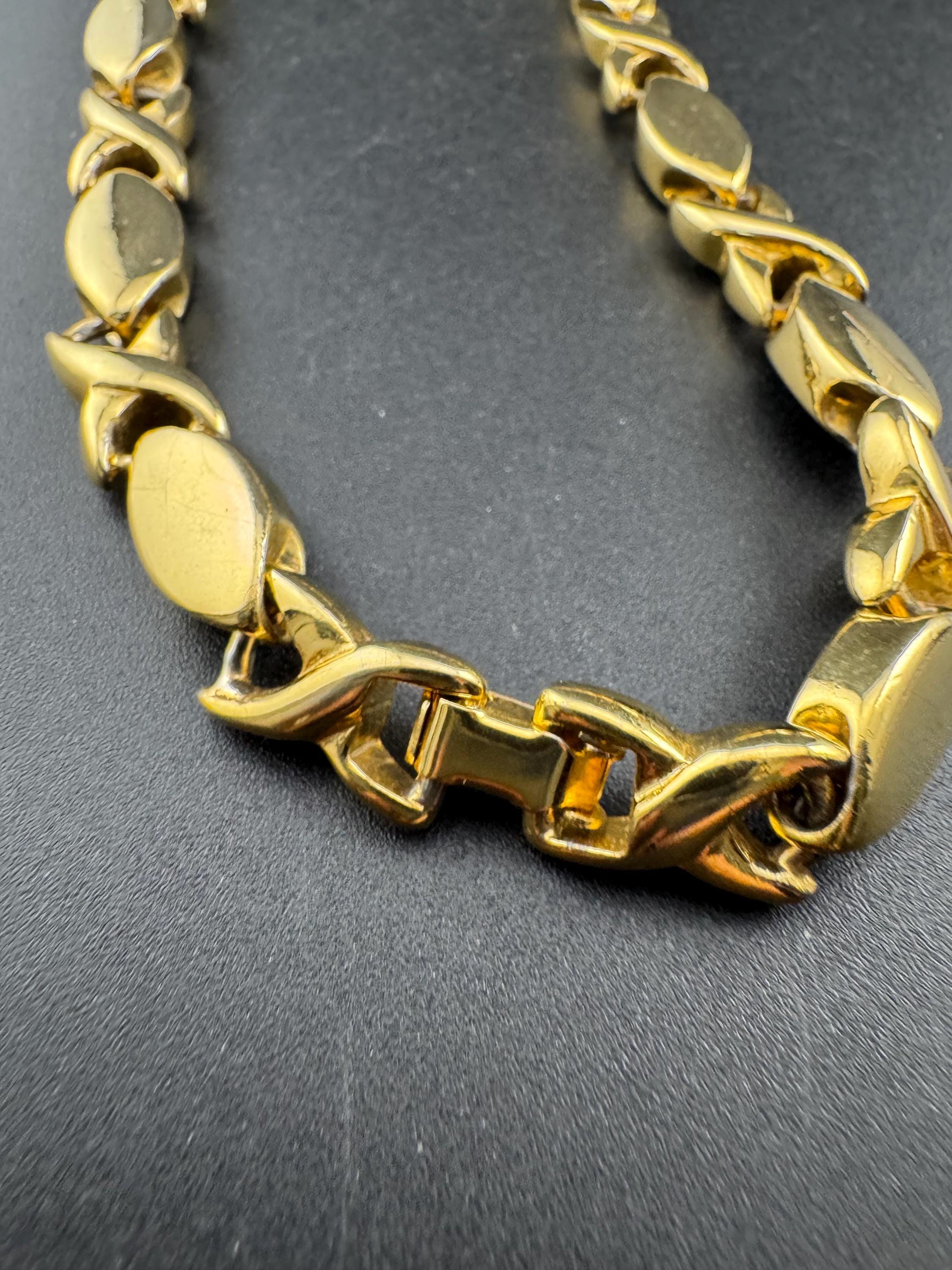 vintage heavy gold plated black enamel statement panel link chunky collar necklace XO