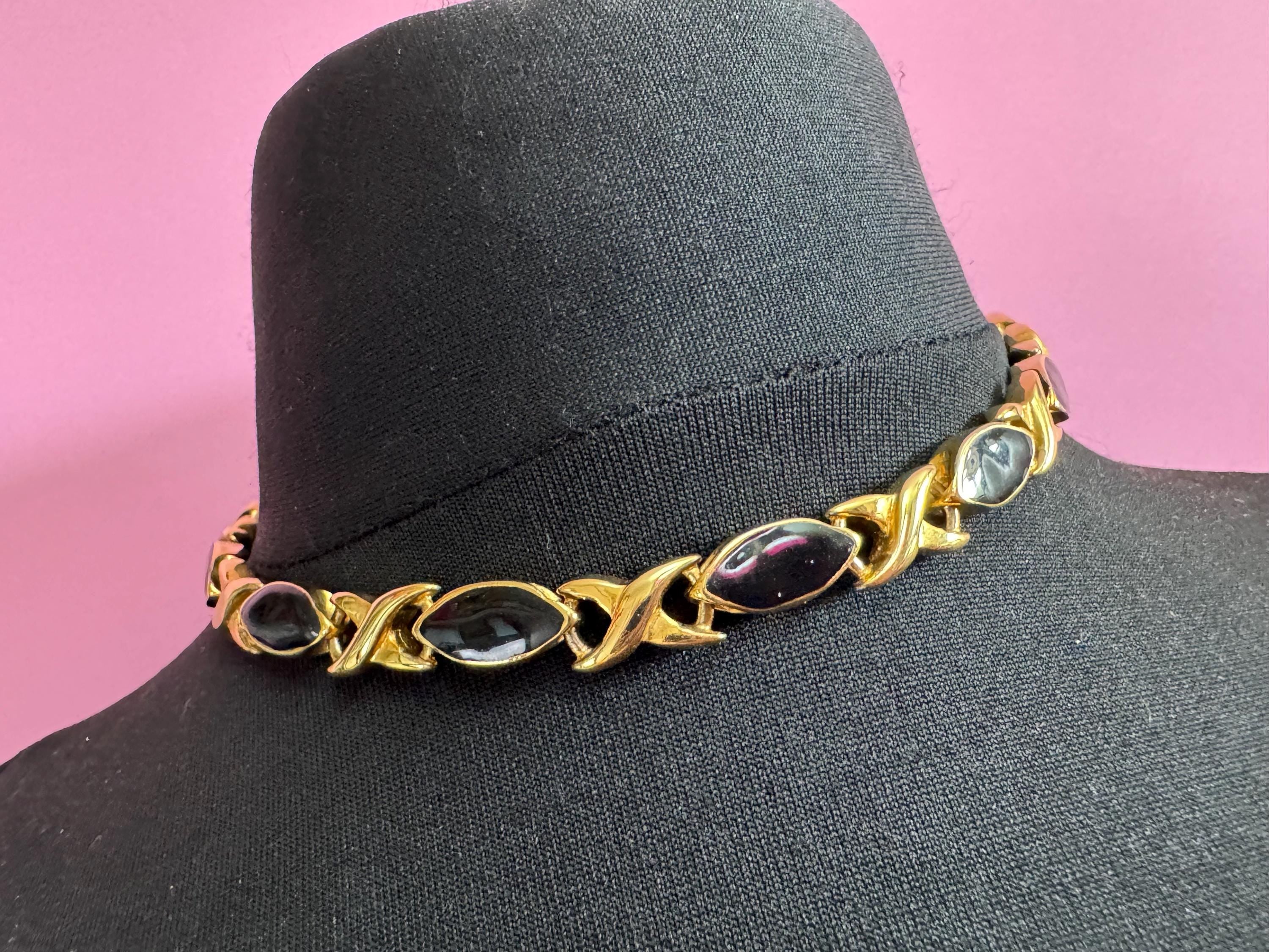 vintage heavy gold plated black enamel statement panel link chunky collar necklace XO