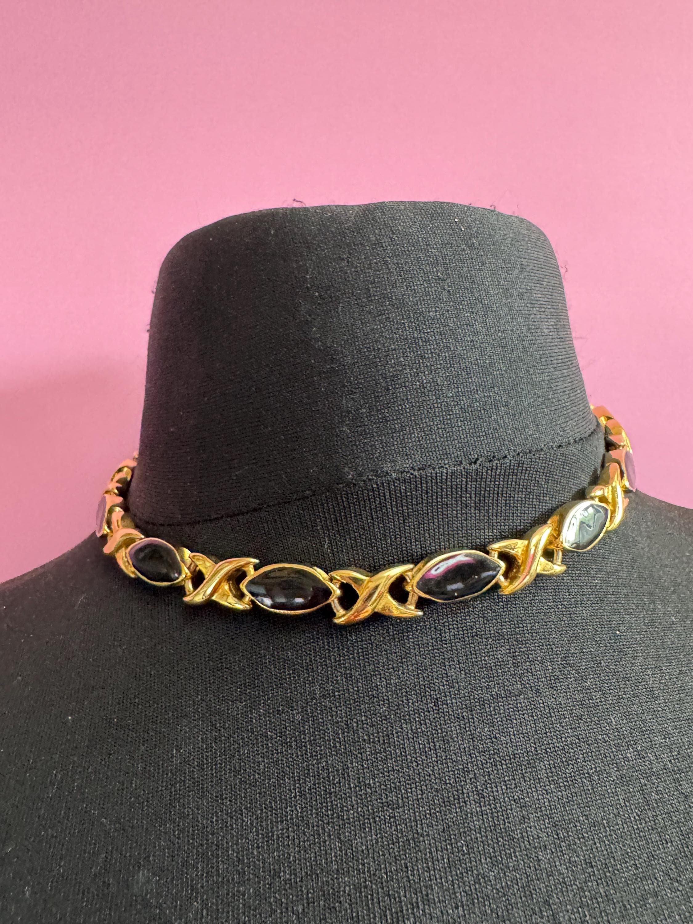 vintage heavy gold plated black enamel statement panel link chunky collar necklace XO