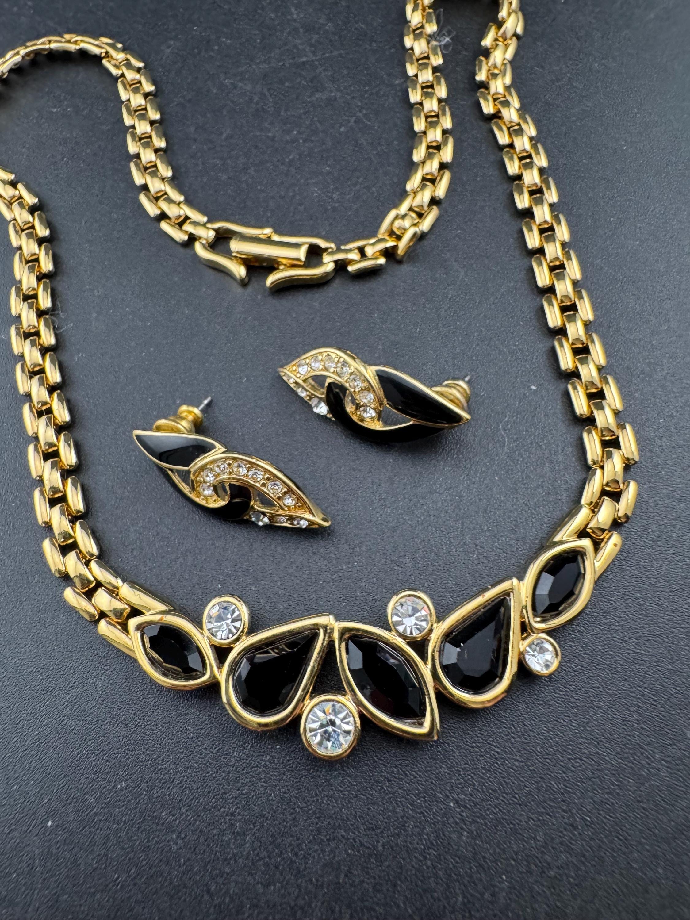 Signed TRIFARI designer black enamel crystal set necklace and matching earring set,  Vintage 43cm