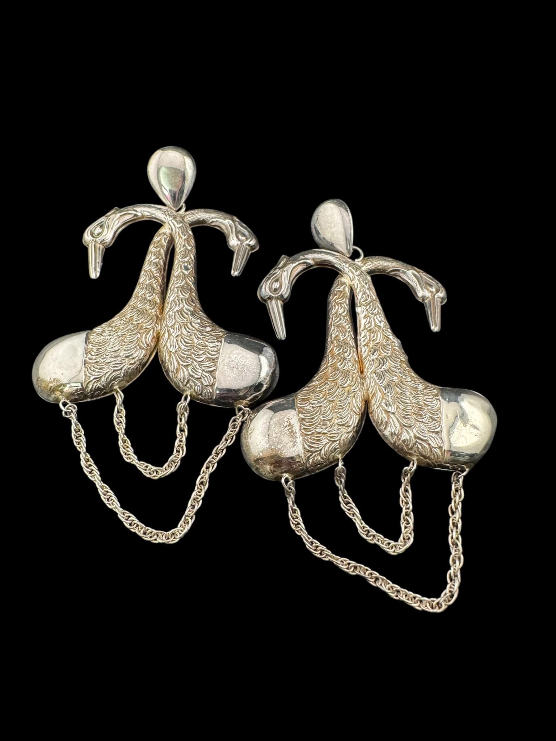 Whopping 10cm Vintage lightweight Sterling silver long swan birds pierced drop earrings 925
