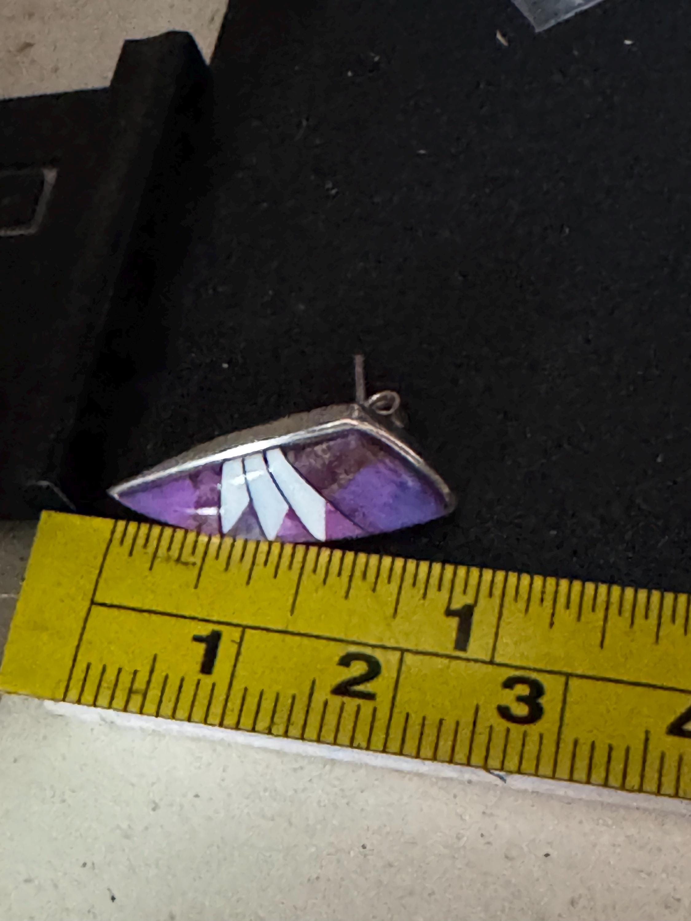 Vintage weighty modernist bright purple genstone triangular pierced stud earrings 925 sterling silver 4.9 grams