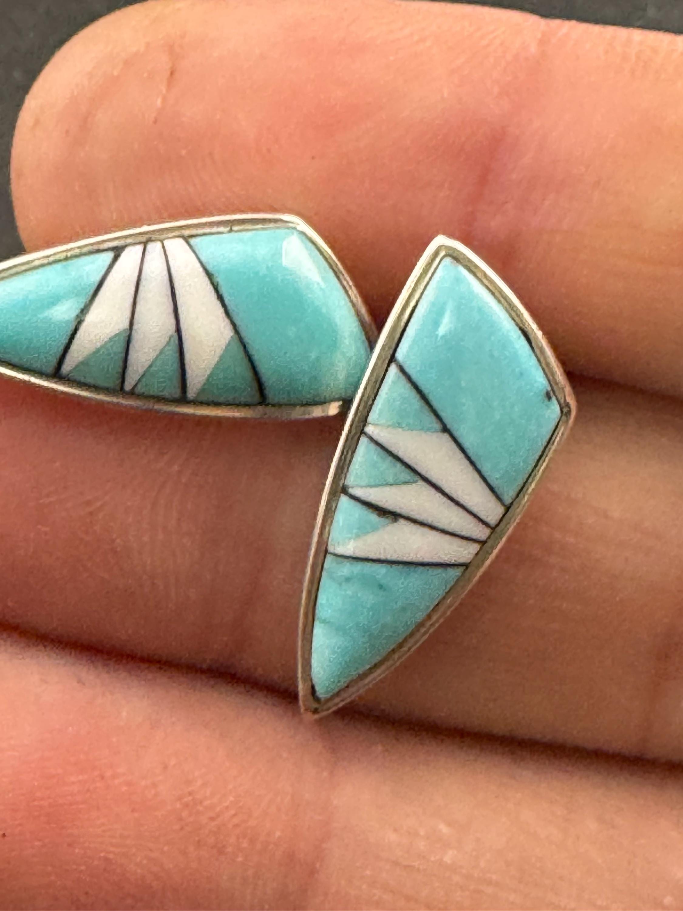 Vintage weighty modernist bright turquoise blue triangular pierced stud earrings 925 sterling silver 4.8 grams