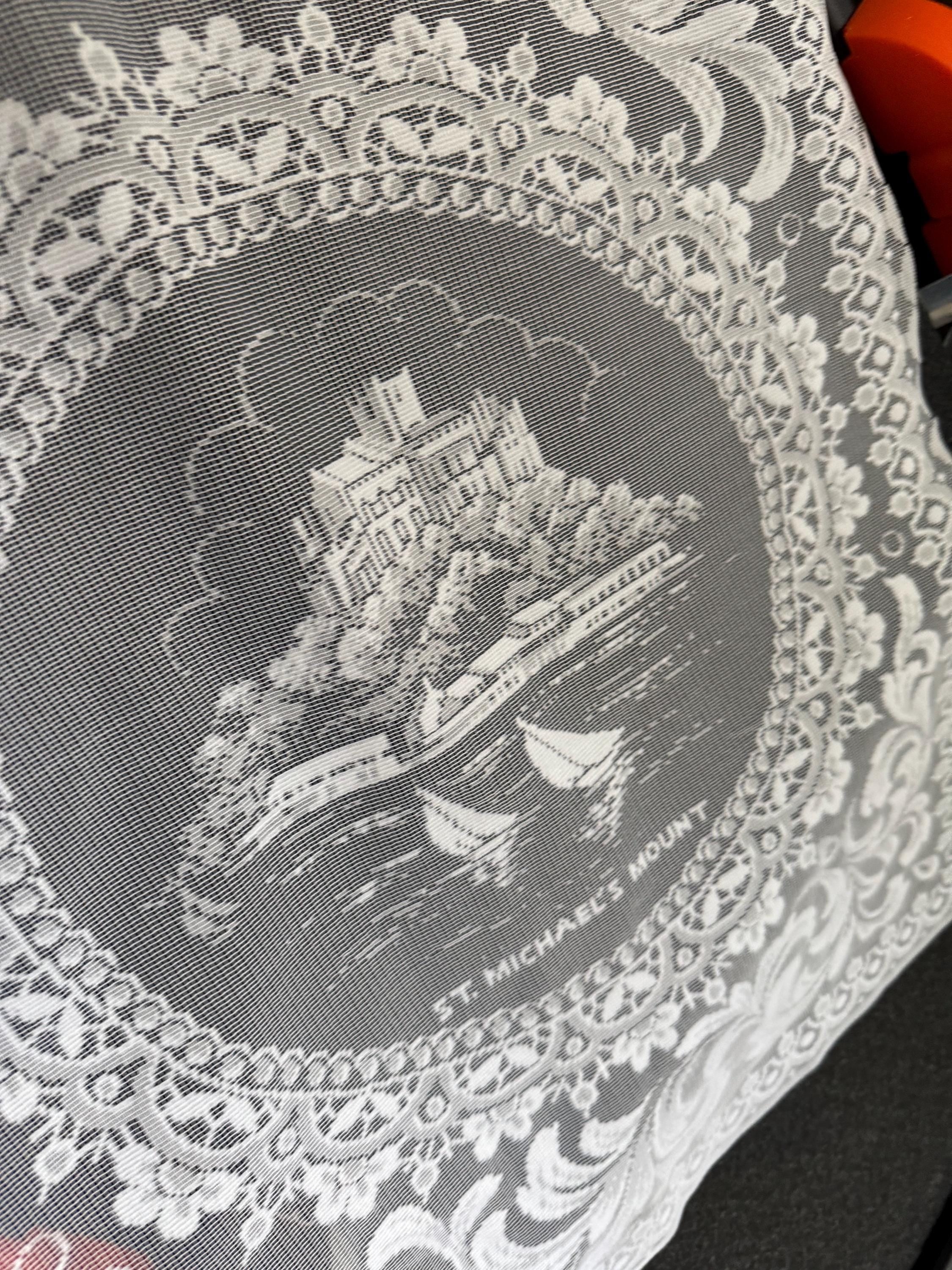 Devon machine lace Souvenir tourist tablecloth white 110cm square,  Devonshire vintage linens