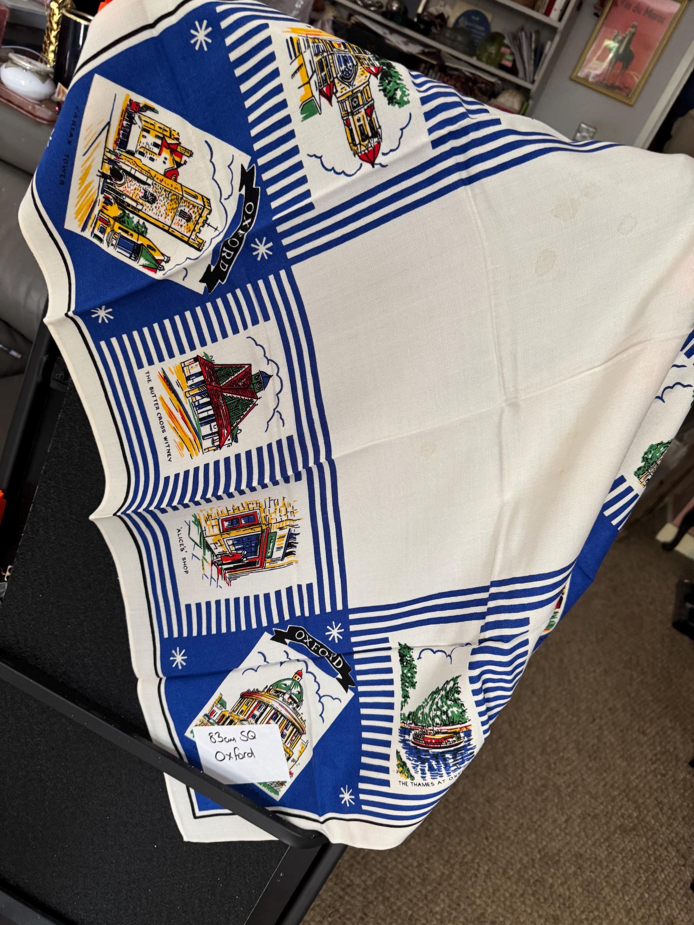 City of Oxford landmarks Souvenir tourist tablecloth white 83cm square, mid century vintage linens