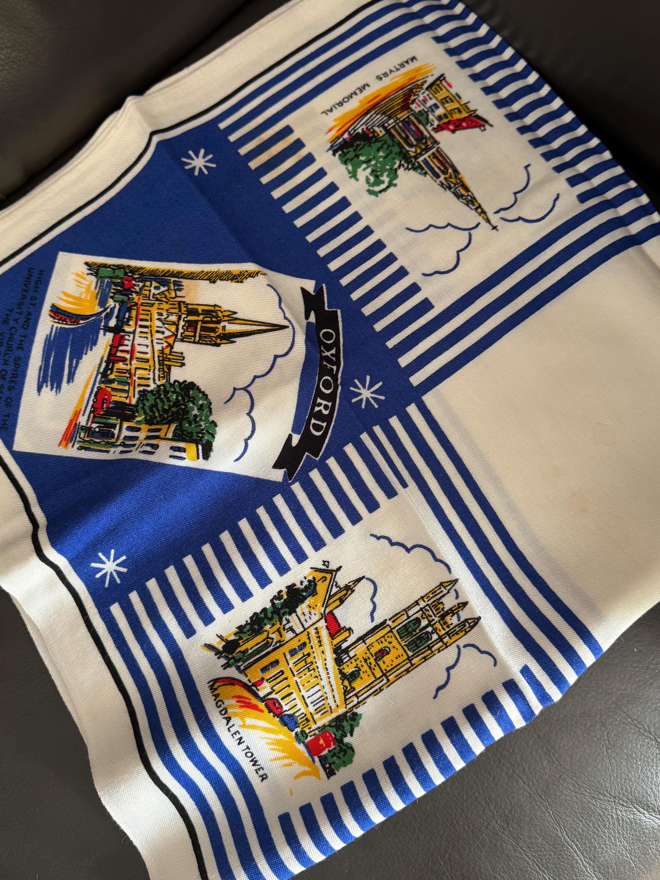 City of Oxford landmarks Souvenir tourist tablecloth white 83cm square, mid century vintage linens