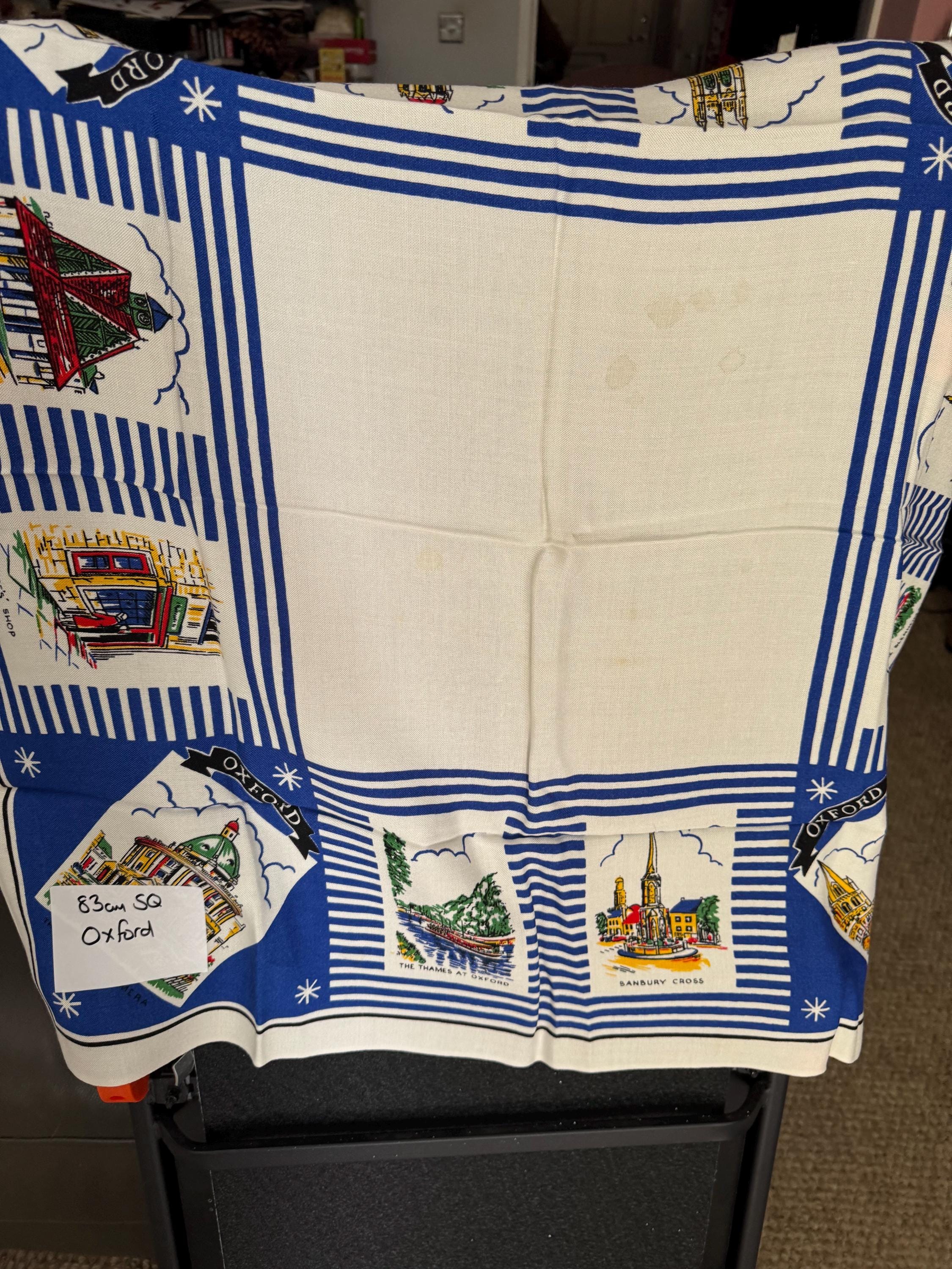 City of Oxford landmarks Souvenir tourist tablecloth white 83cm square, mid century vintage linens