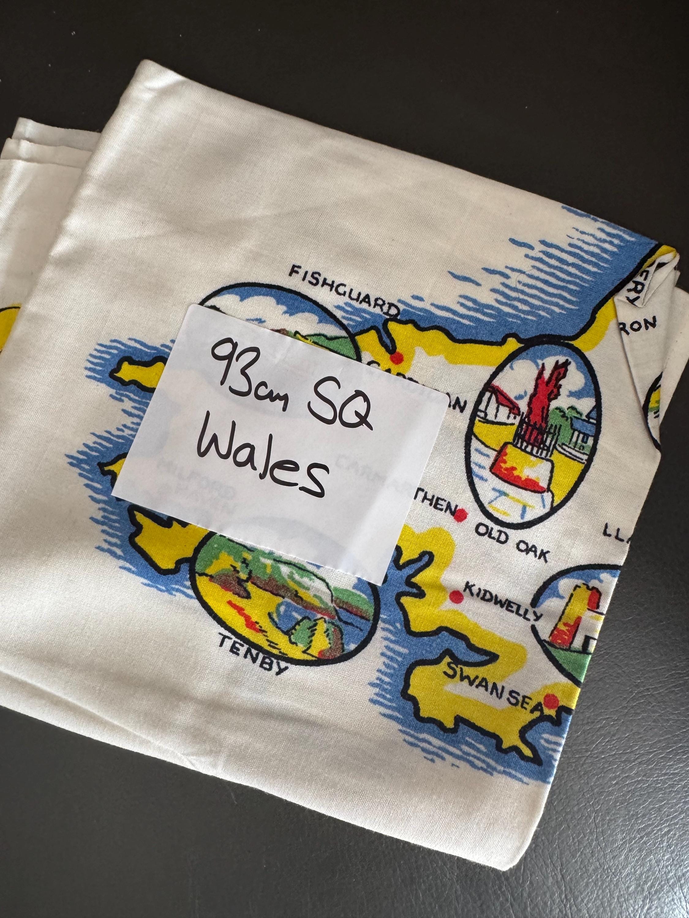 93cm near square souvenir of Wales tourist linen Welsh cotton tablecloth printed , vintage linens for teaahop
