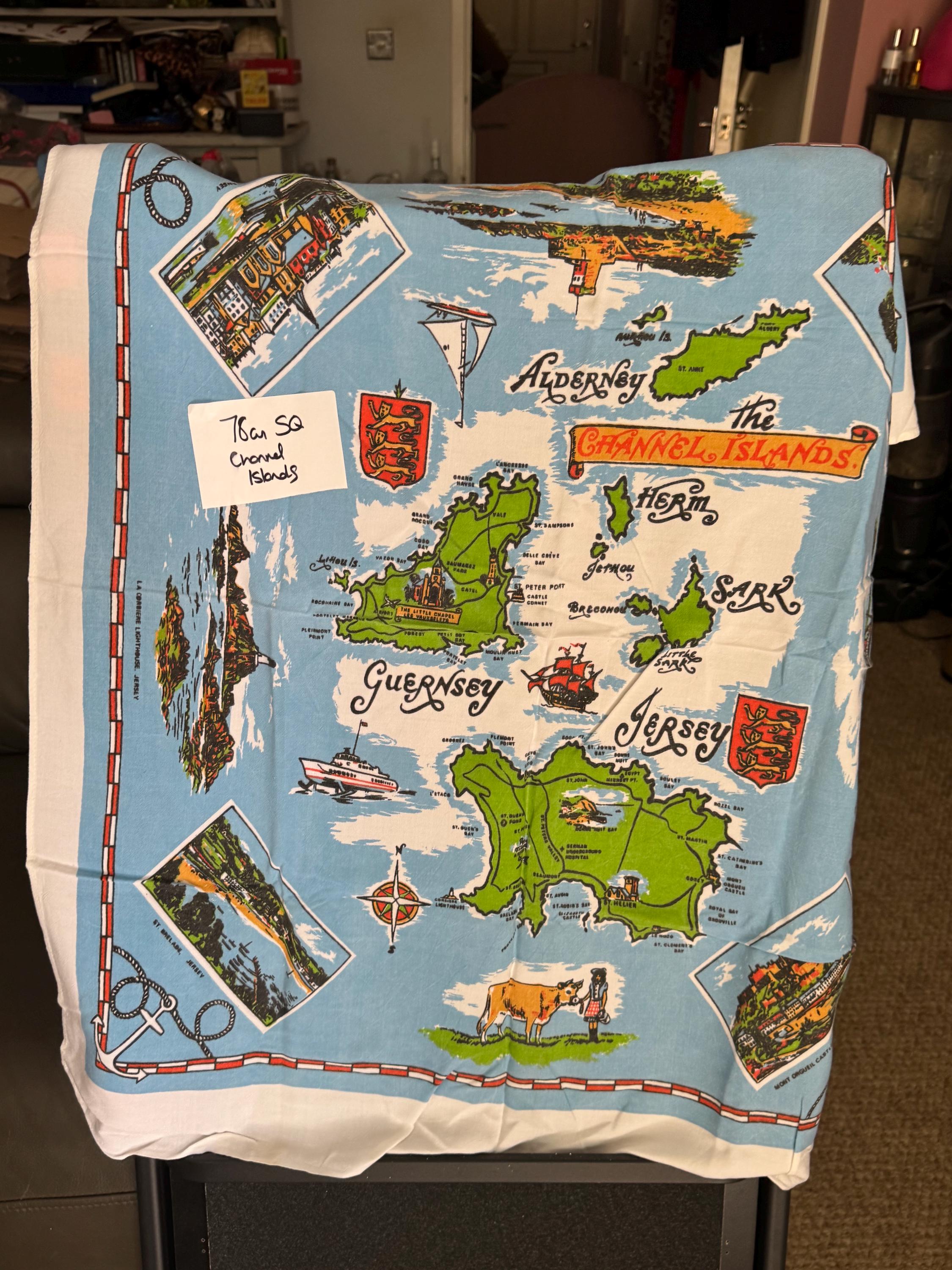 78cm channel islands jersey guernsey aldernay sark printed souvenir tablecloth with towns landmarks, vintage linens