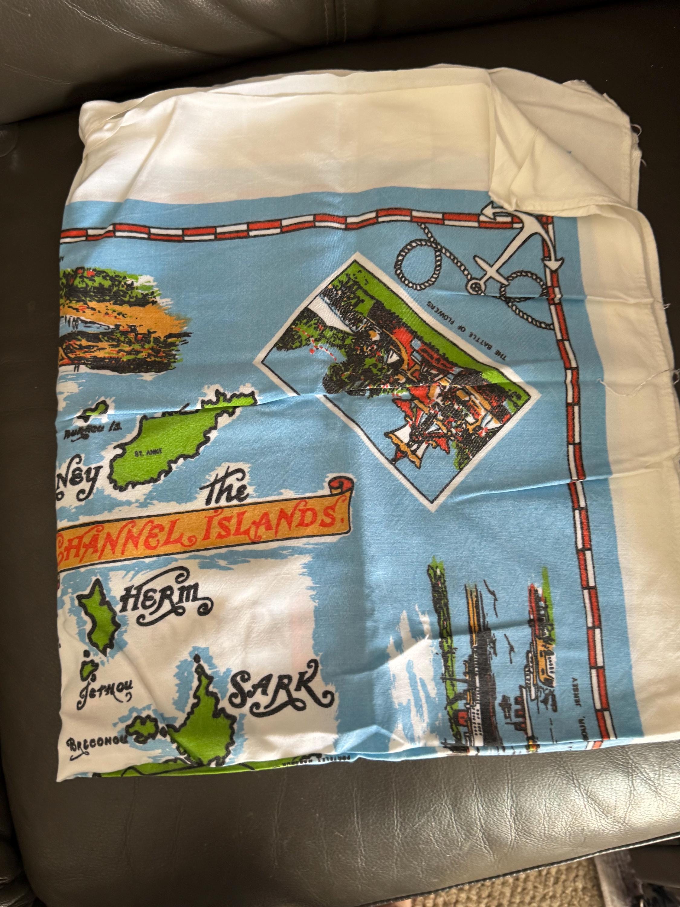 Vintage Channel Islands Souvenir Tablecloth: Jersey, Guernsey, Alderney, Sark