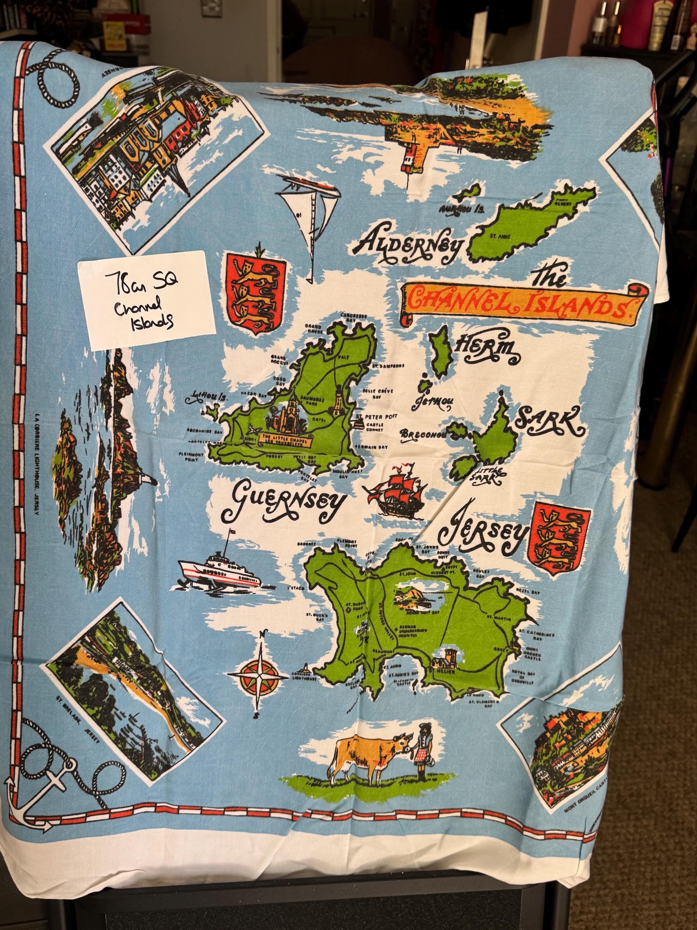 Vintage Channel Islands Souvenir Tablecloth: Jersey, Guernsey, Alderney, Sark
