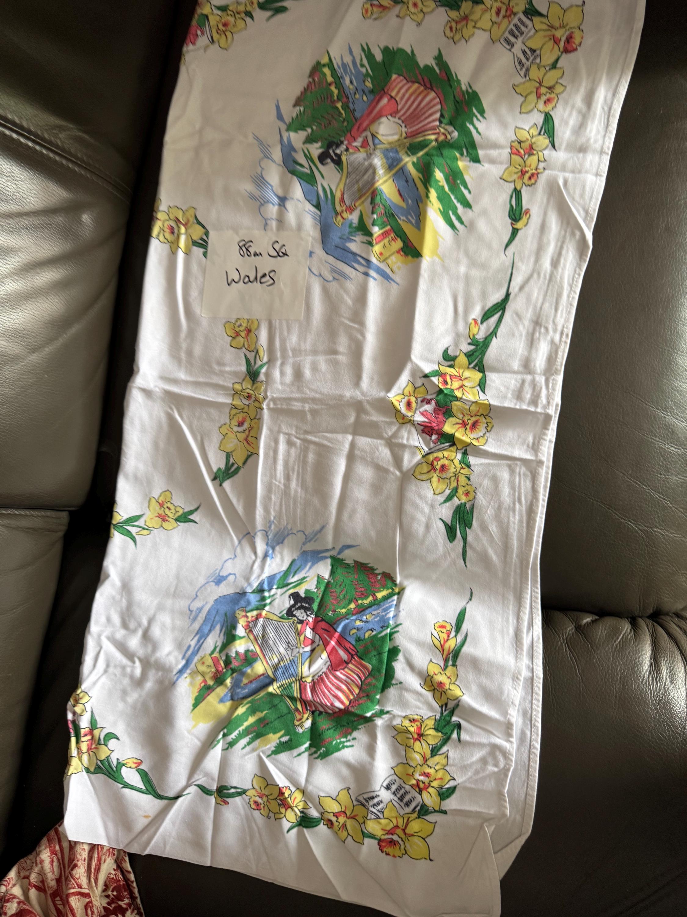 88cm near square souvenir of Wales tourist vintage linen Welsh cotton tablecloth, printed  ideal tearooms