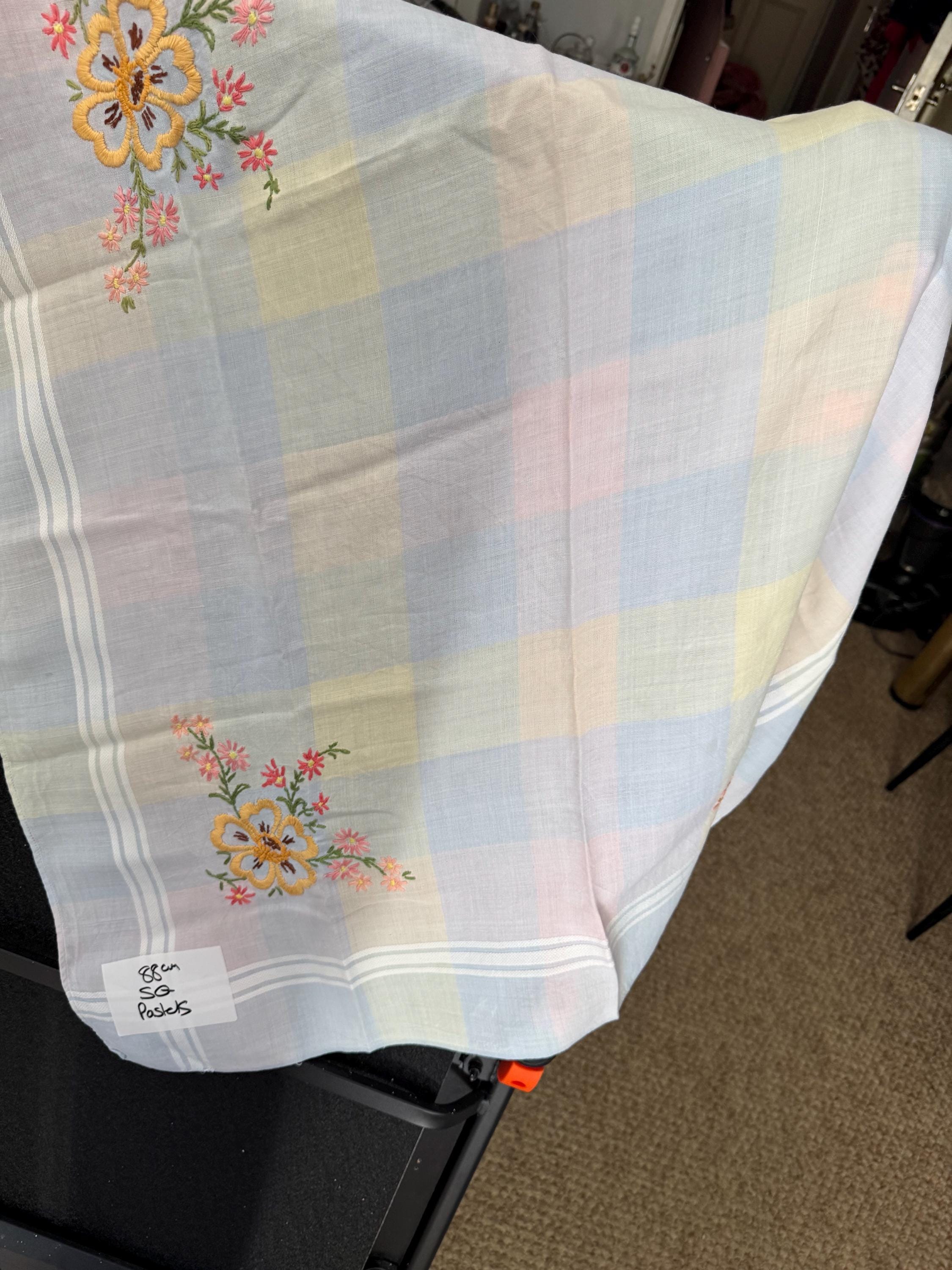 88cm square pastel checked pretty floral Vintage embroidered tablecloth, vintage linens yellow blue pink