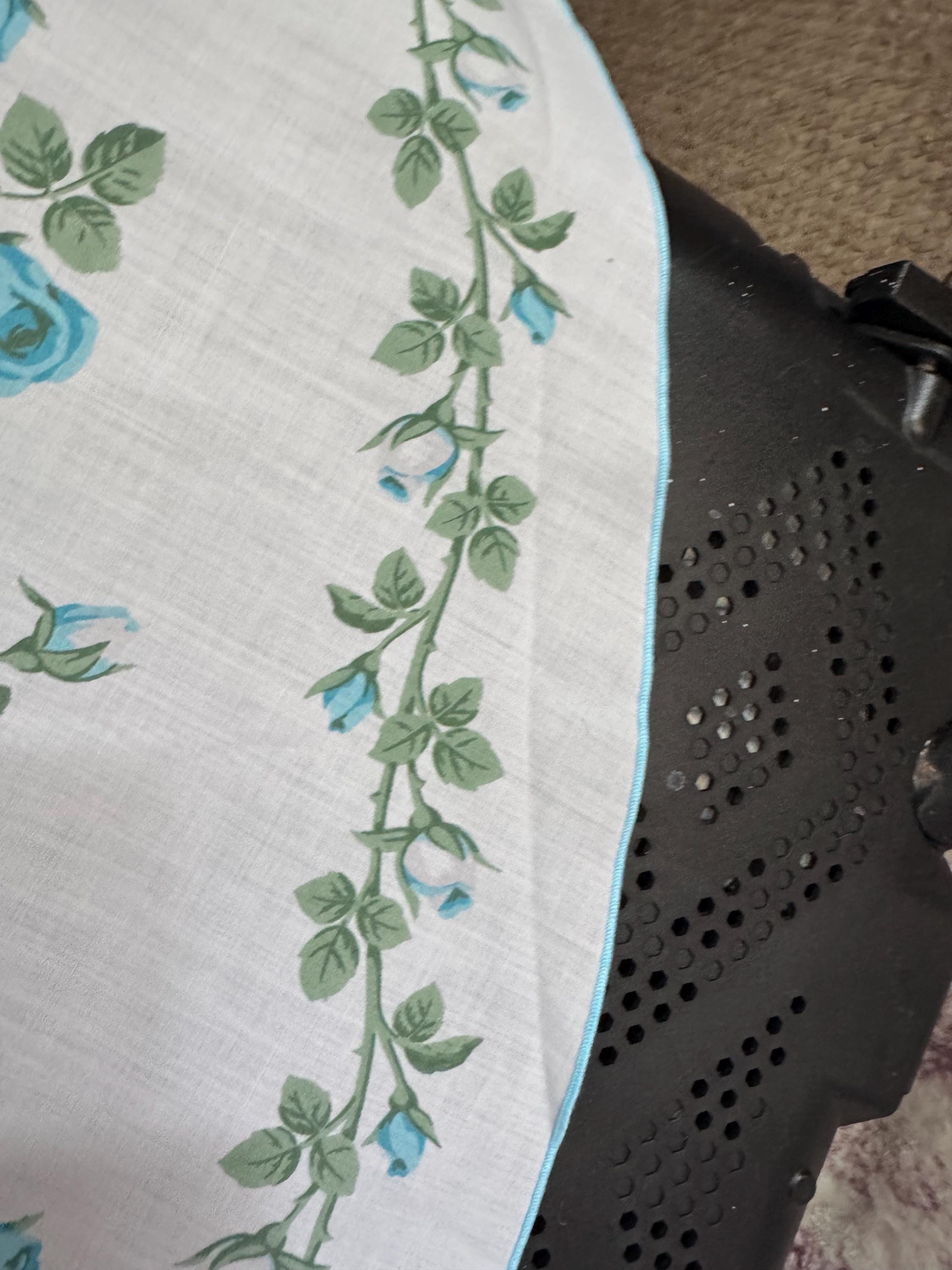 Large 170cm round Retro Vintage tablecloth, white with printed blue roses , cottage floral tablecloth