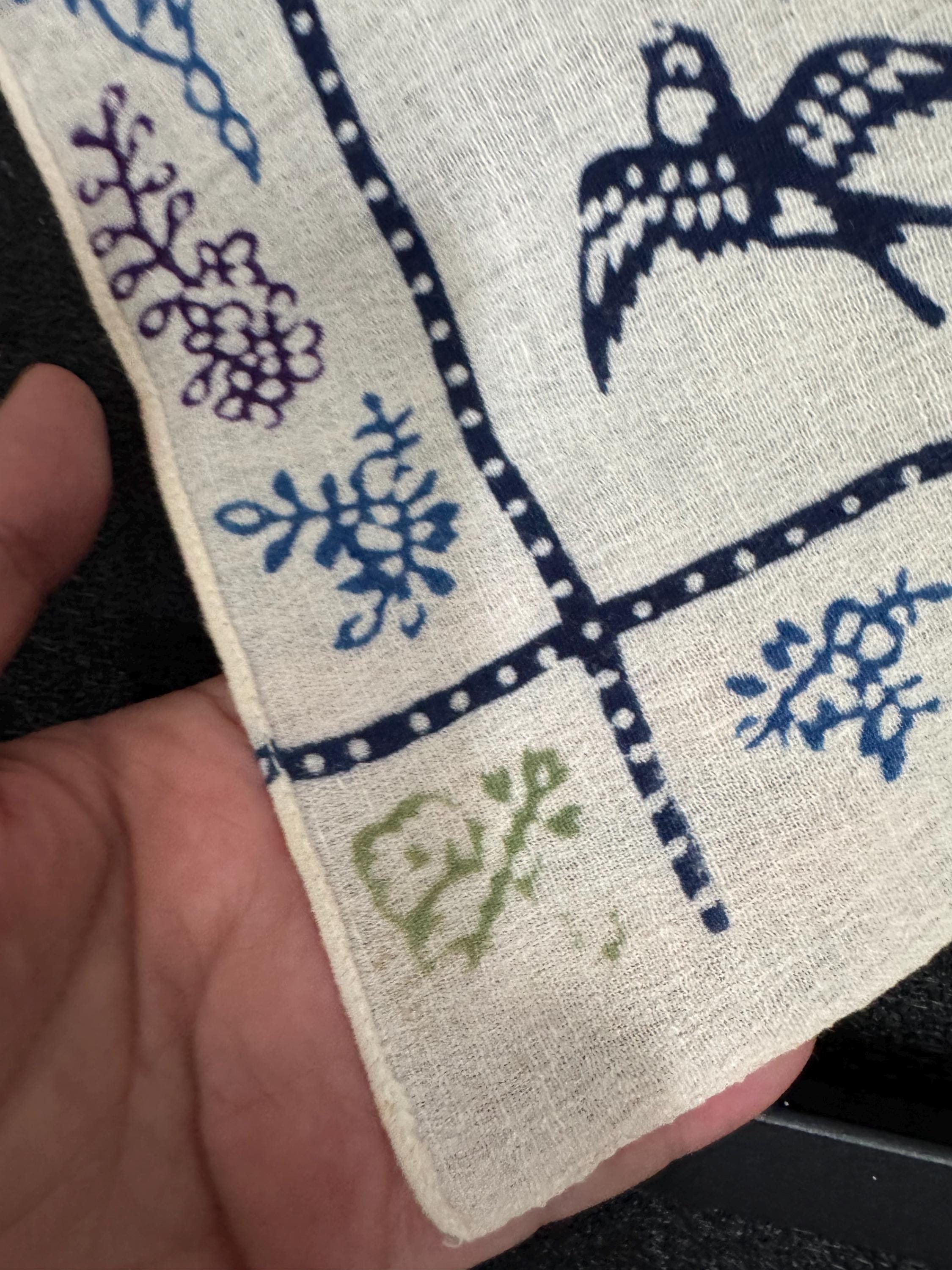 80cm square boho vintage batik print tablecloth printed with bluebirds and orange and blue florals