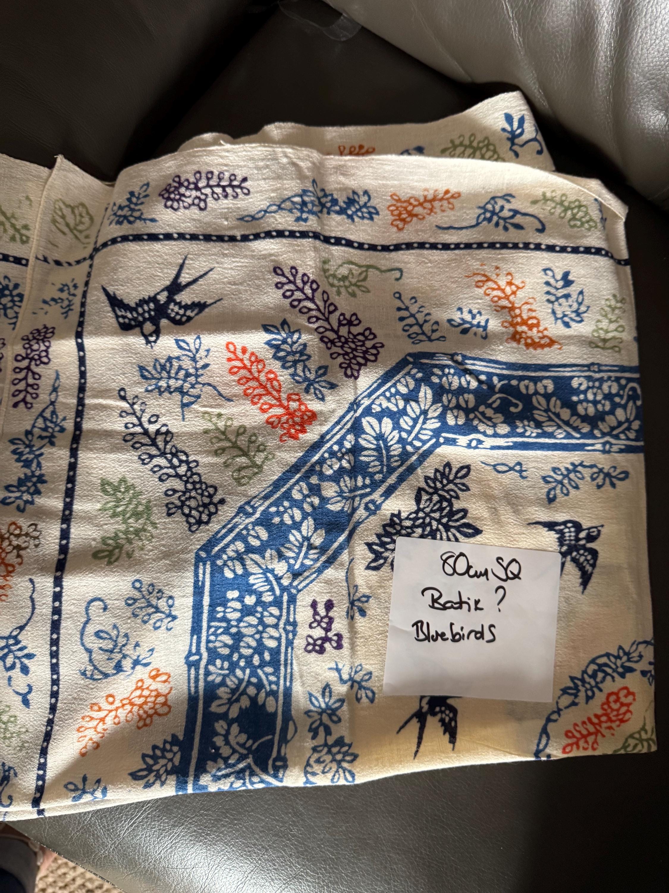 Vintage Batik Print Tablecloth: Boho Bluebird Floral, 80cm Square