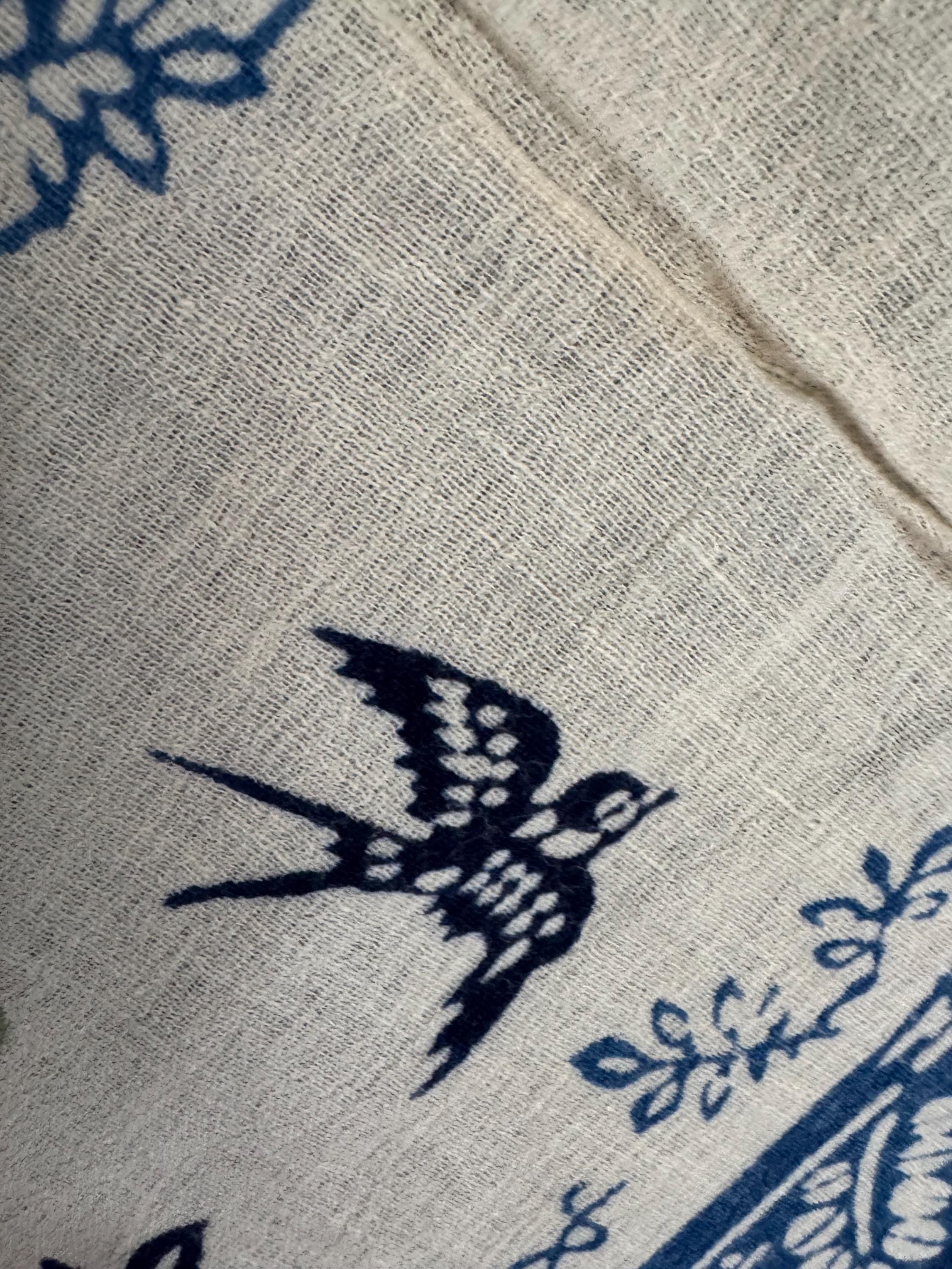 80cm square boho vintage batik print tablecloth printed with bluebirds and orange and blue florals