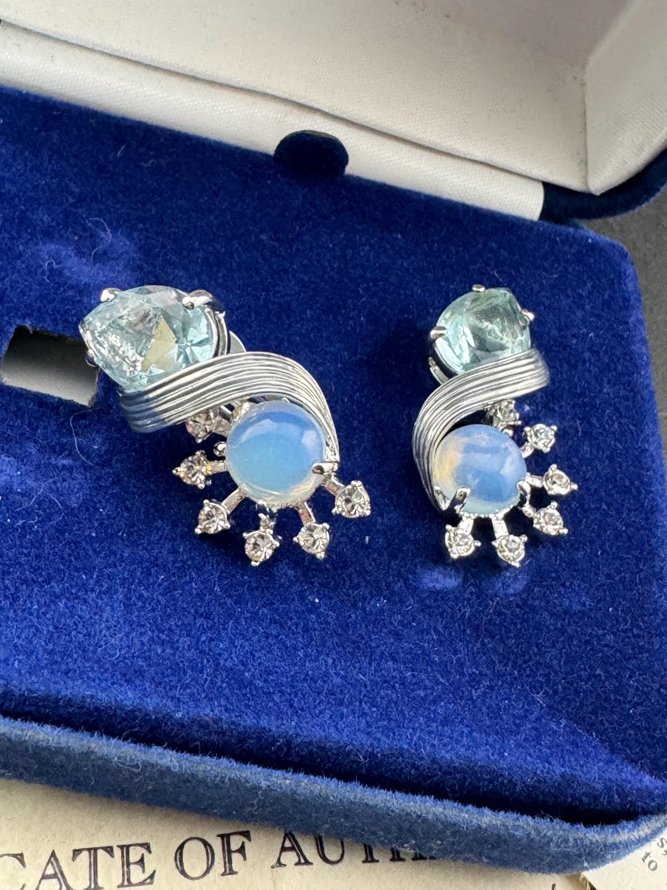 Vintage signed JBK designer MORNING MIST silver plated & aquamarine opaline clip on diamante earrings