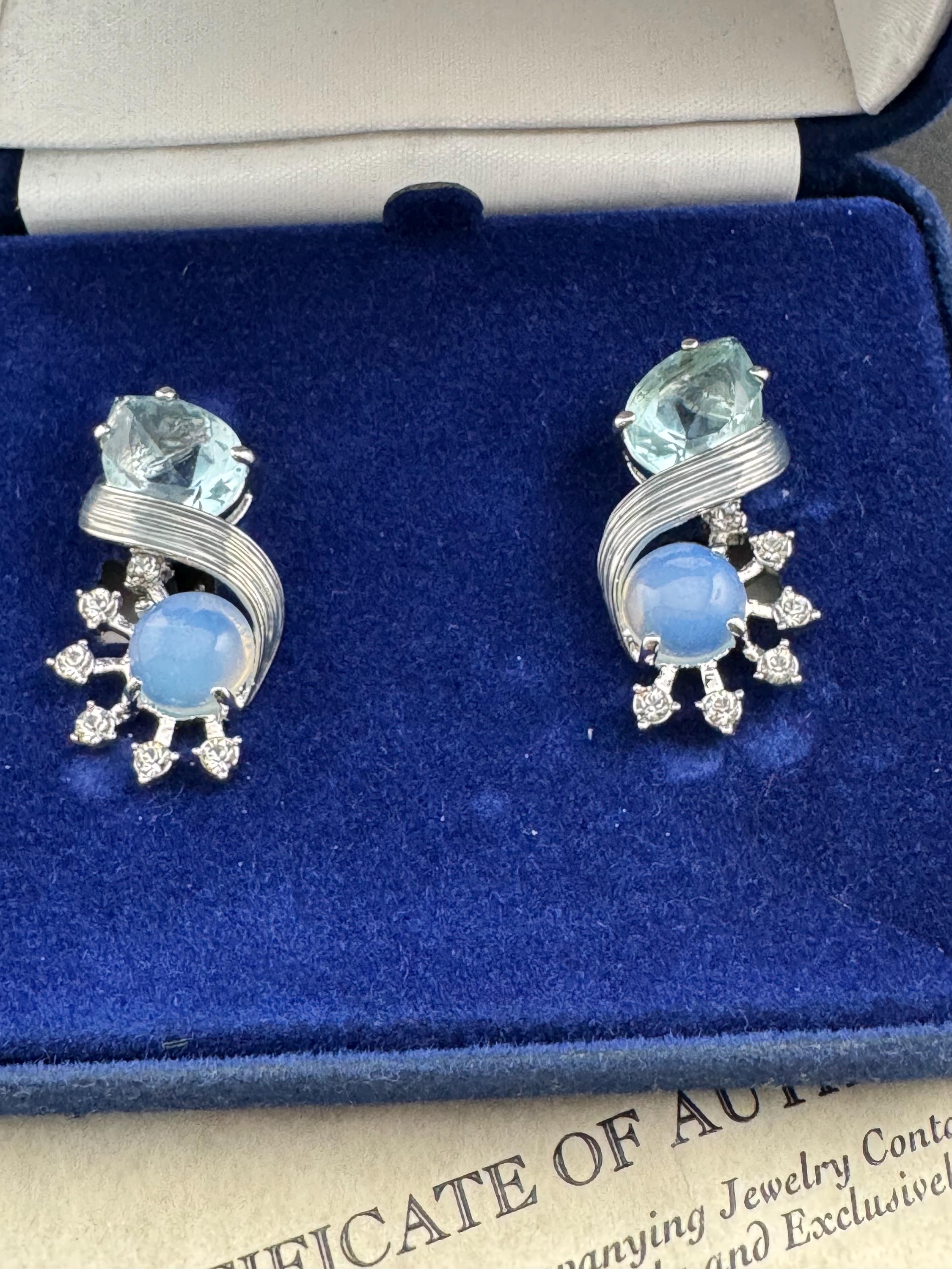 Vintage signed JBK designer MORNING MIST silver plated & aquamarine opaline clip on diamante earrings