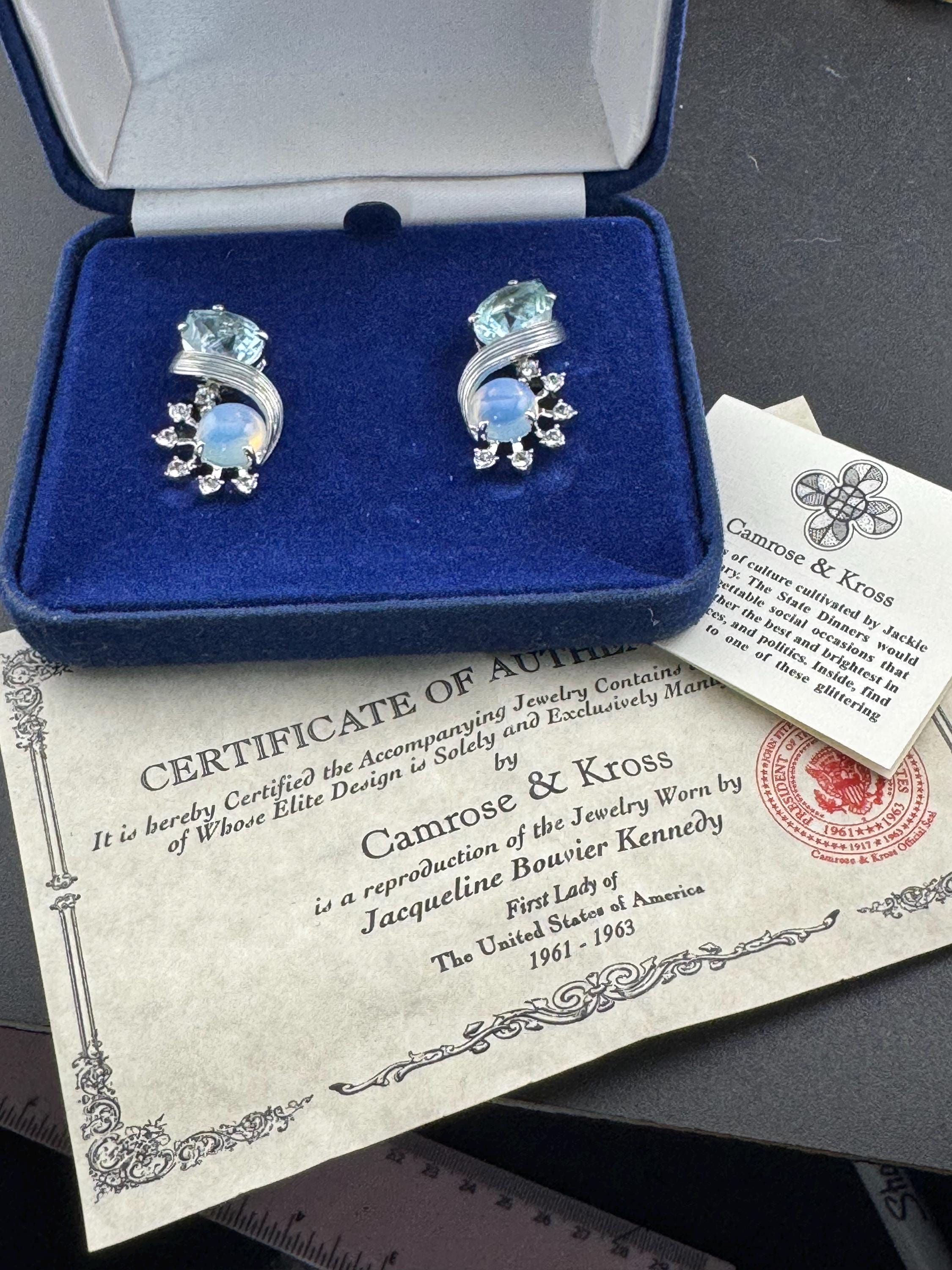 Vintage signed JBK designer MORNING MIST silver plated & aquamarine opaline clip on diamante earrings