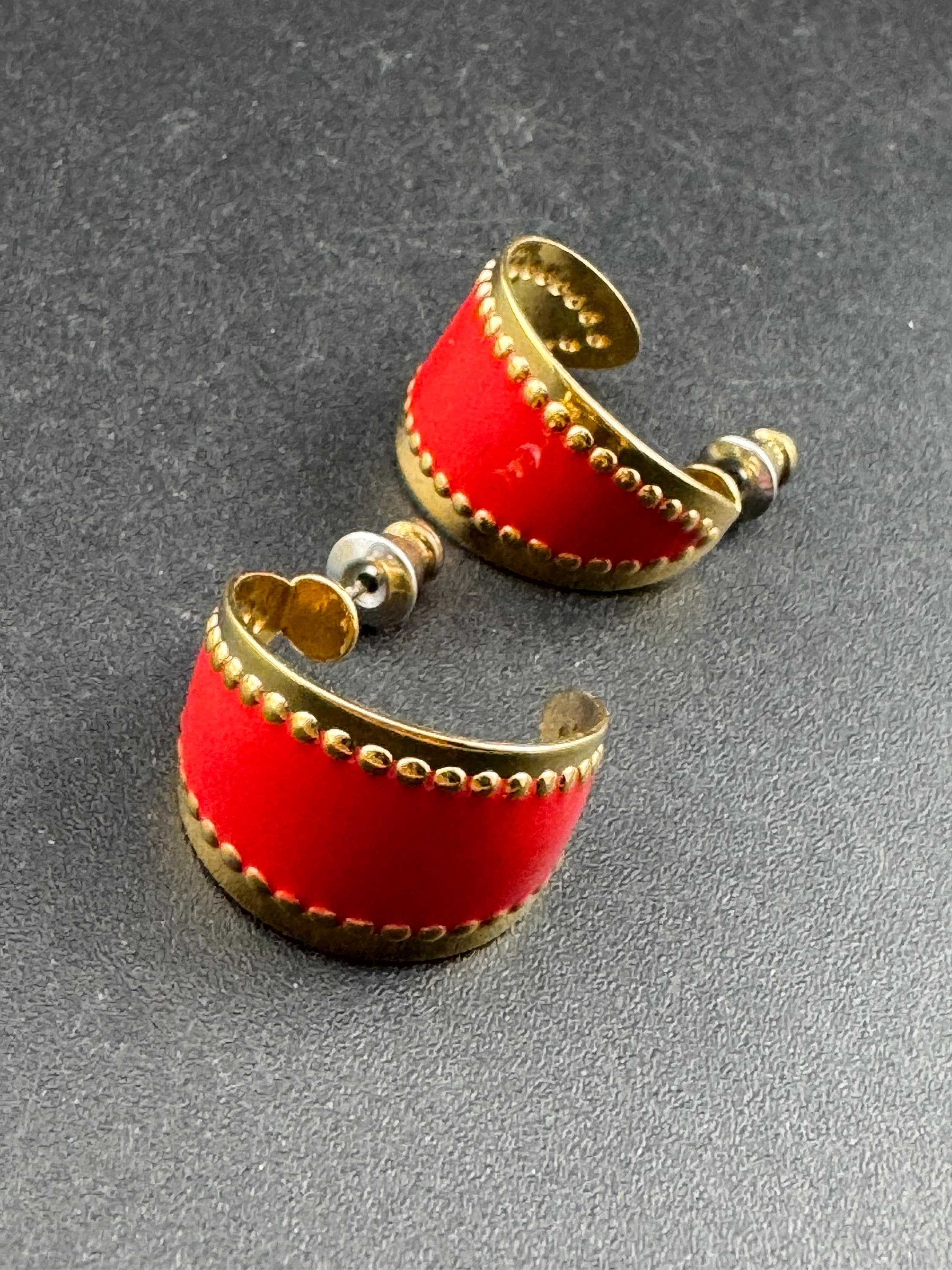 Vintage 18k Gold Plated Red Enamel Hoop Earrings