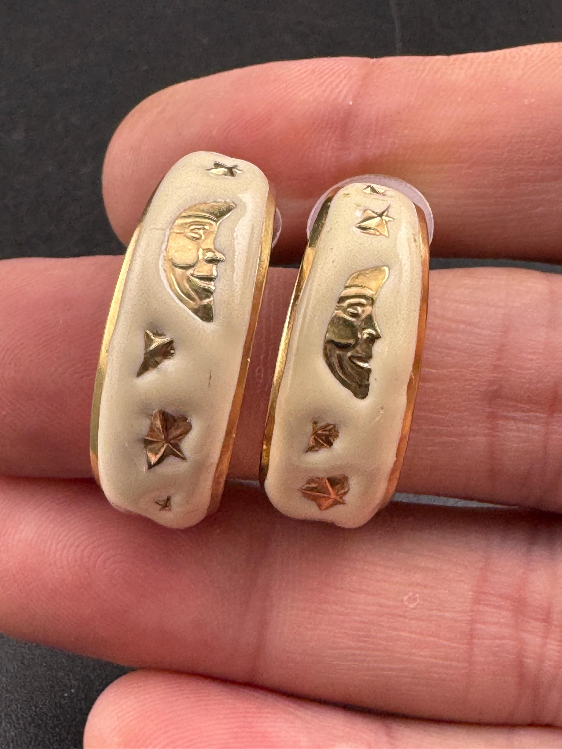 Retro 1980s classic cream enamel star and moon hoop pierced earrings