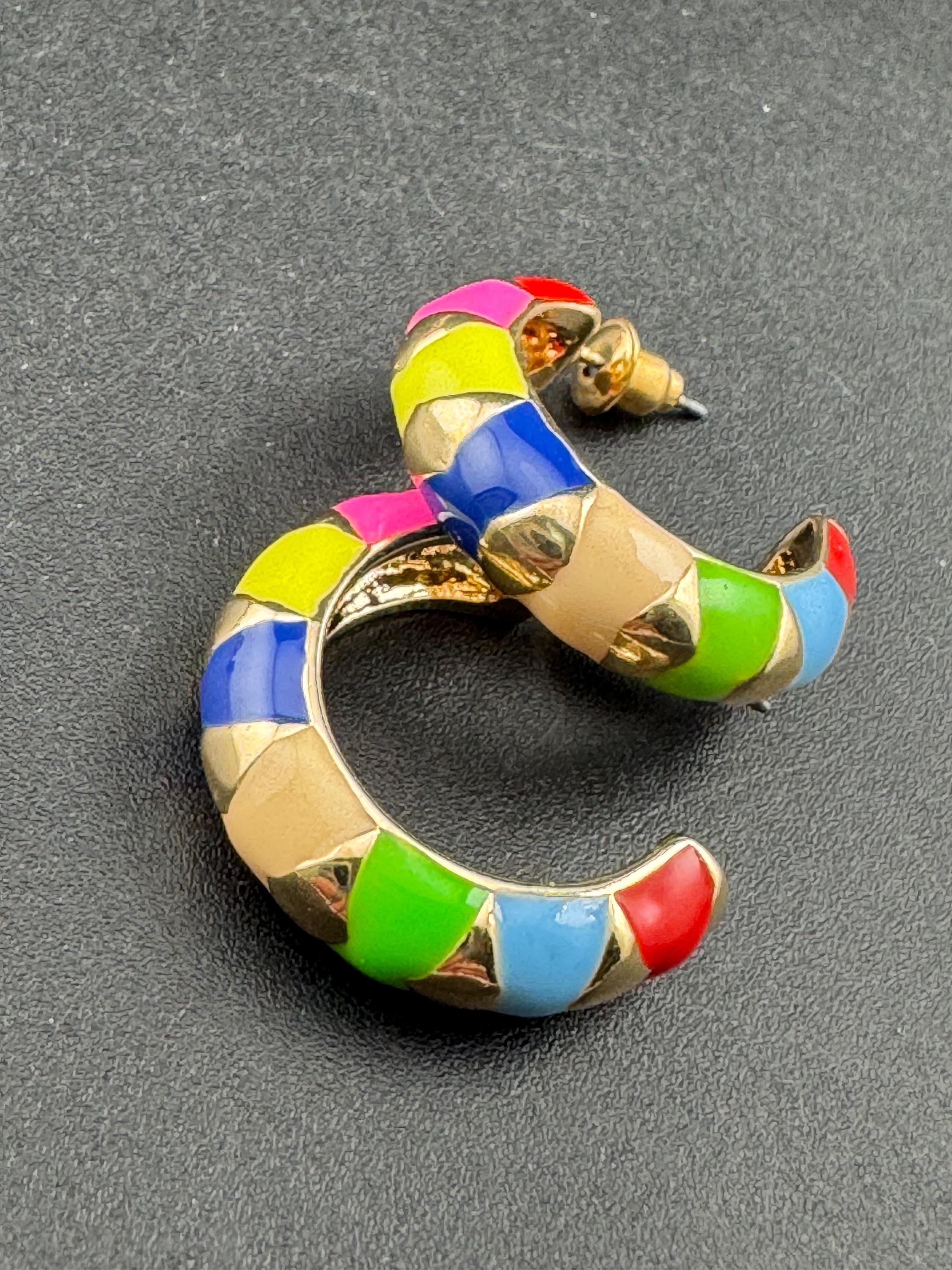 Vintage bright blue green red yellow enamel gold tone hoop pierced earrings