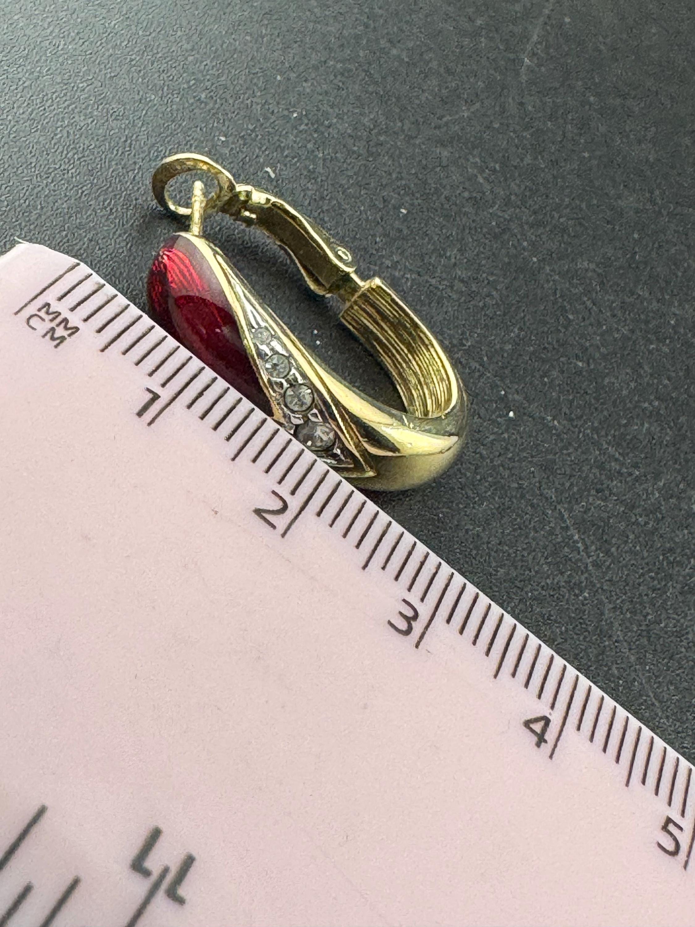 Vintage 1980s Gold tone metallic deep red enamel and diamanté hoop earrings pierced
